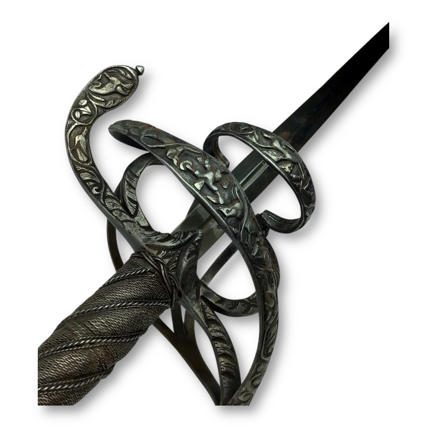 Chiseled Swept-Hilt Rapier - Damascus Blade and ornate Gold Inlays