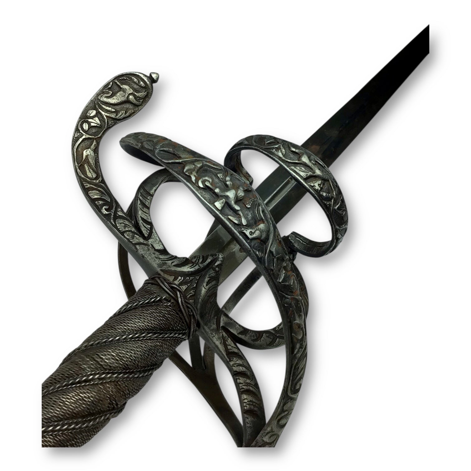 Chiseled Swept-Hilt Rapier - Damascus Blade and ornate Gold Inlays