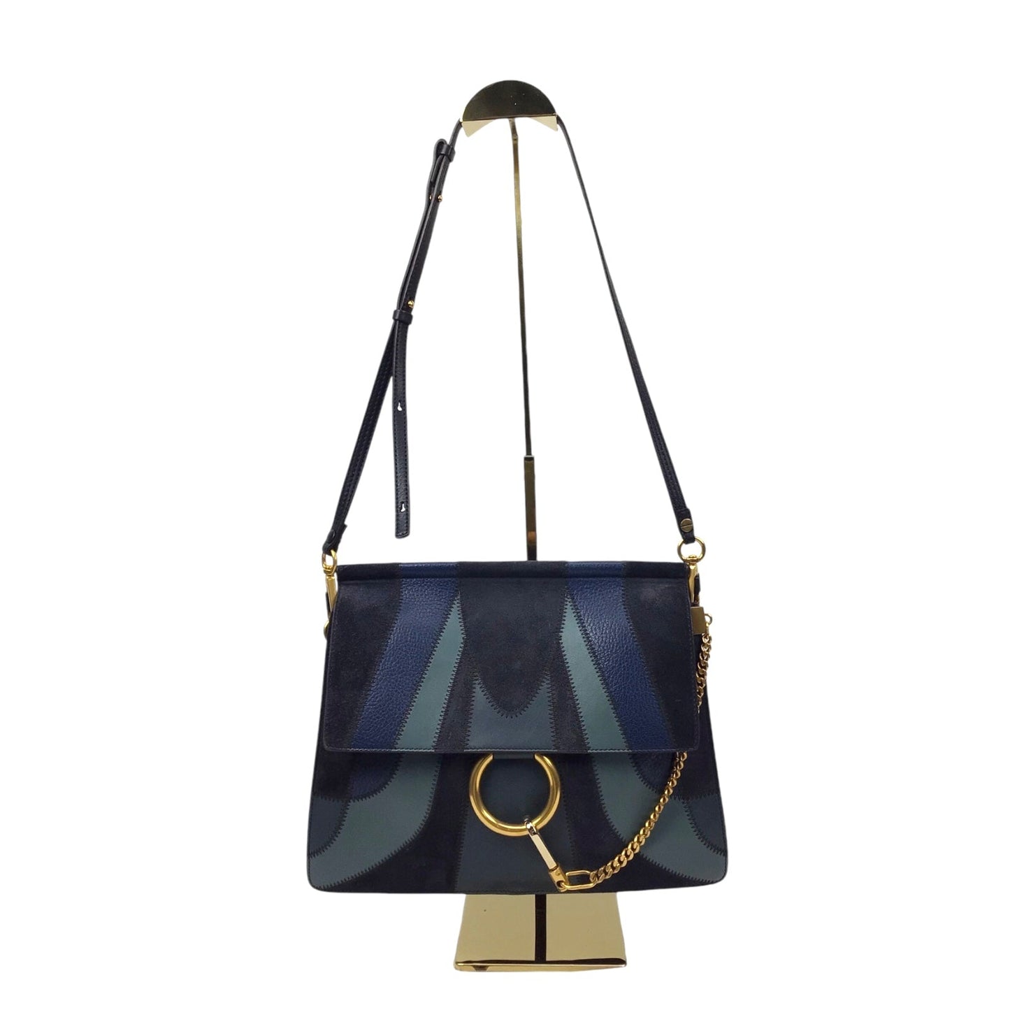 Chloe Faye Patchwork Handbag - Blue Suede and Leather with Gold-Tone Ring Chain Hardware