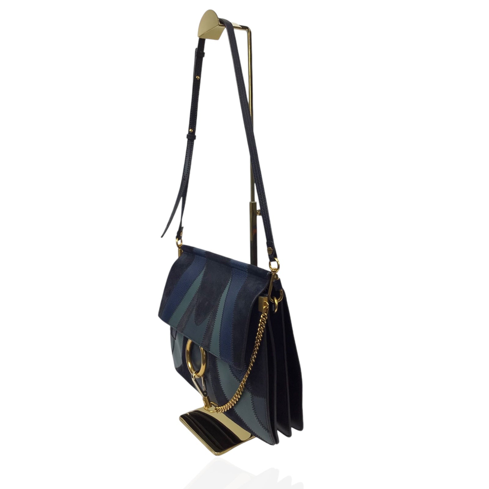 Chloe Faye Patchwork Handbag - Blue Suede and Leather with Gold-Tone Ring Chain Hardware