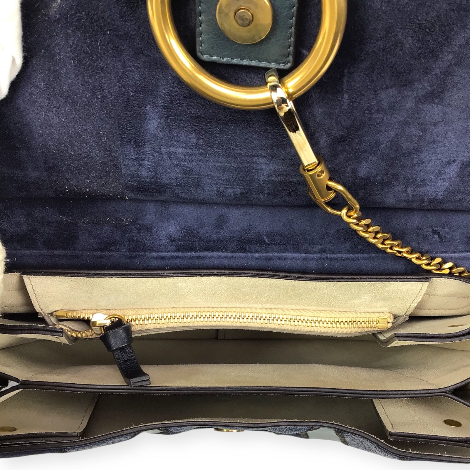 Chloe Faye Patchwork Handbag - Blue Suede and Leather with Gold-Tone Ring Chain Hardware