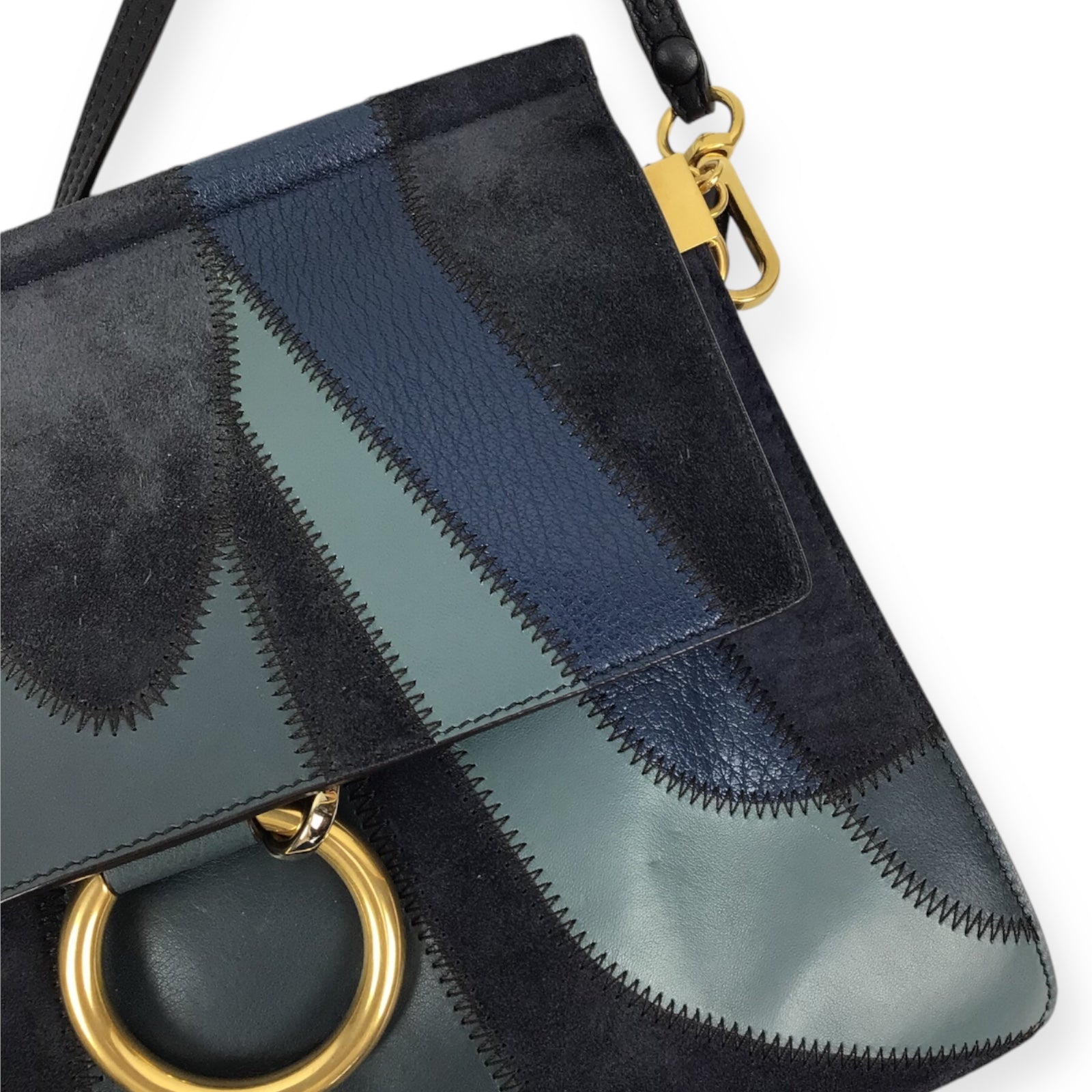 Chloe Faye Patchwork Handbag - Blue Suede and Leather with Gold-Tone Ring Chain Hardware