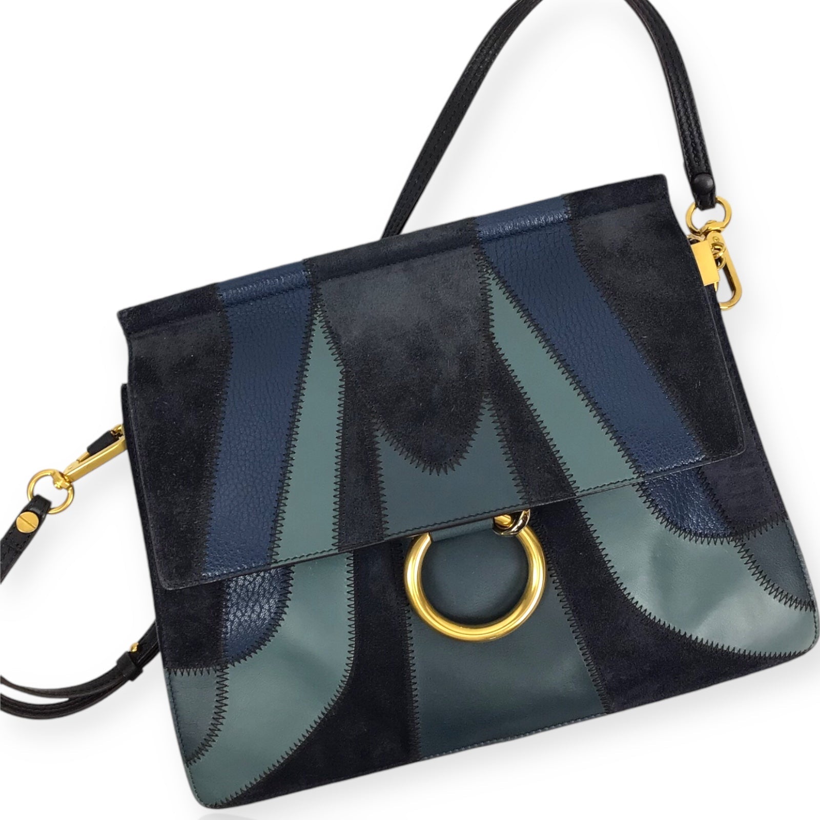 Chloe Faye Patchwork Handbag - Blue Suede and Leather with Gold-Tone Ring Chain Hardware