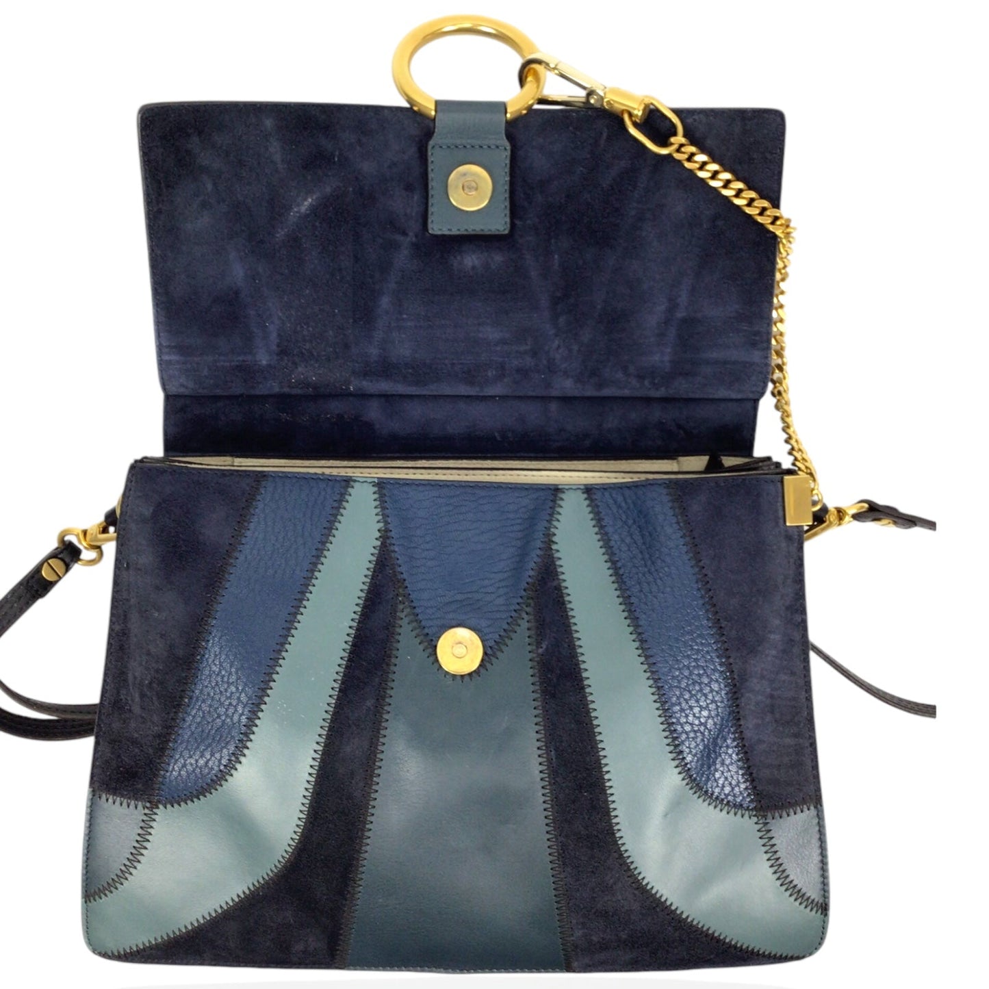 Chloe Faye Patchwork Handbag - Blue Suede and Leather with Gold-Tone Ring Chain Hardware