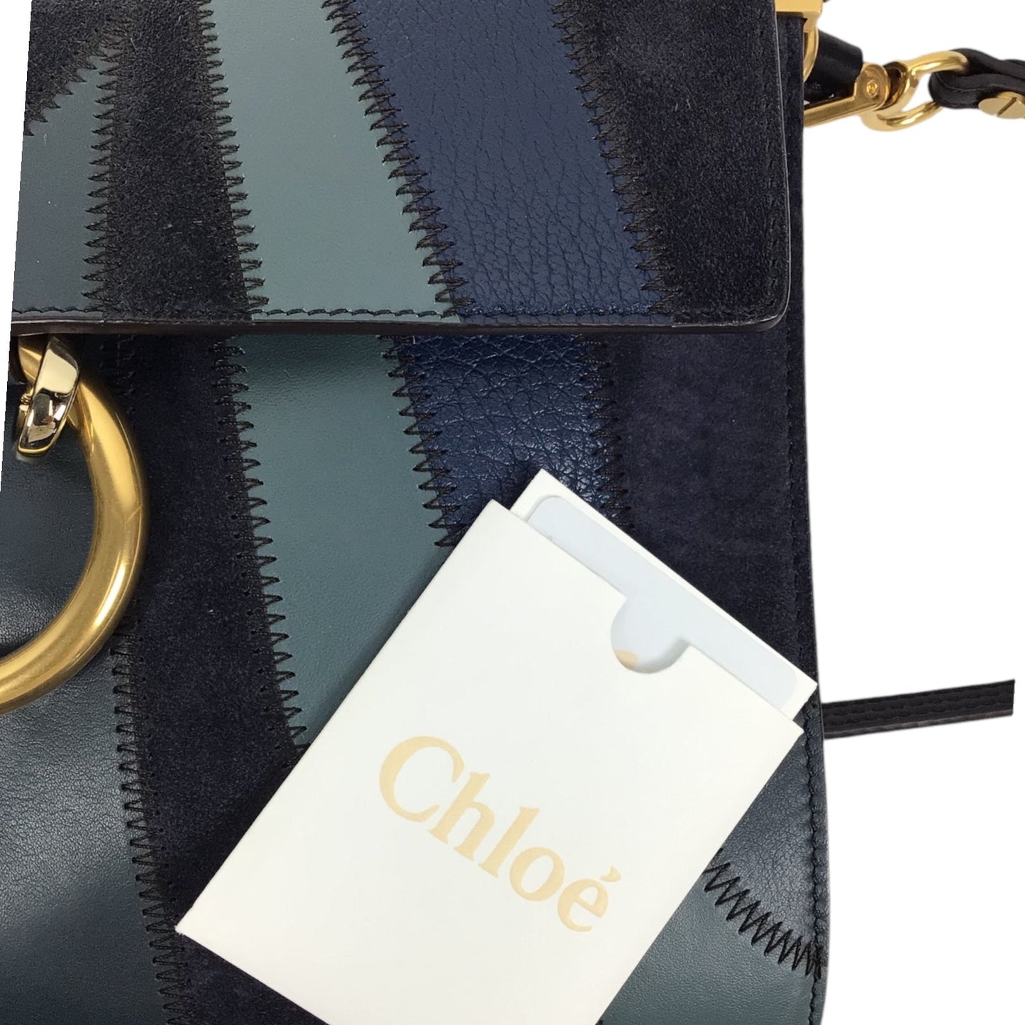 Chloe Faye Patchwork Handbag - Blue Suede and Leather with Gold-Tone Ring Chain Hardware