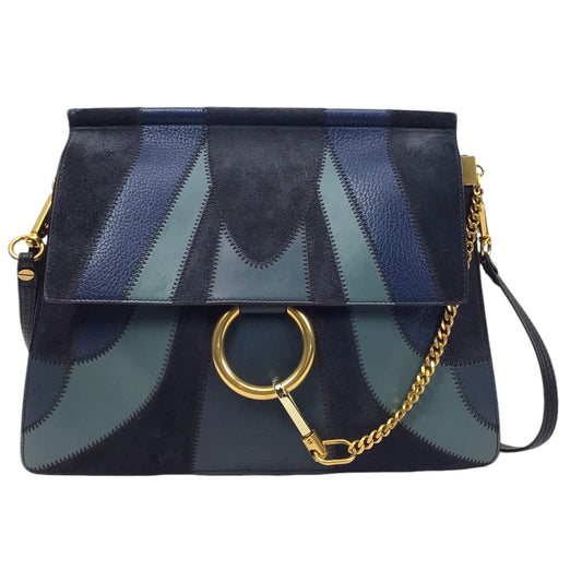 Chloe Faye Patchwork Handbag - Blue Suede and Leather with Gold-Tone Ring Chain Hardware