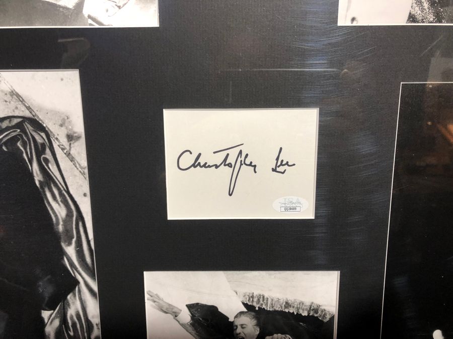 Christopher Lee autographed index card in collage w/ JSA certification