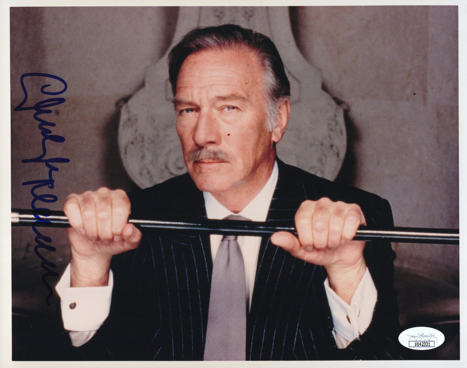 Christopher Plummer Signed 8x10 Photo – In Pin Stripe Suit Holding Cane – JSA & PSA