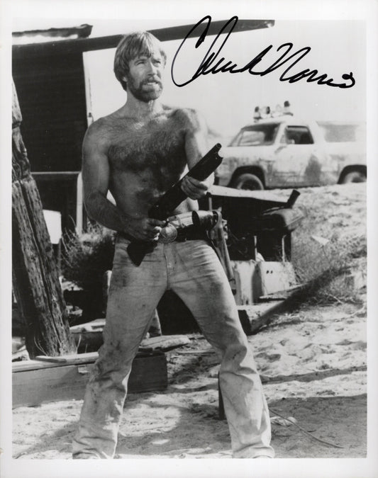 Chuck Norris Signed Photo 8x10 B&W, Autograph in Walker Texas Ranger with Shotgun
