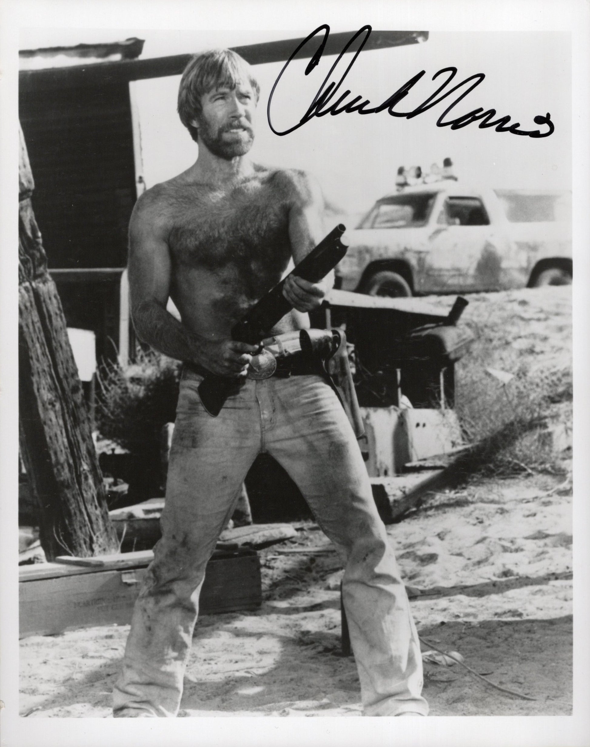 Chuck Norris in Walker, Texas Ranger Shitless with Shotgun Signed Photo 8x10 B&W