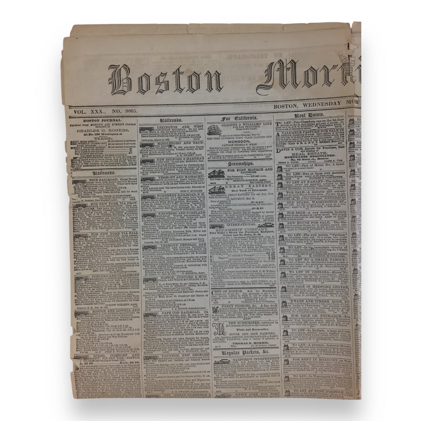 Civil War Newspaper Boston Morning Journal Apr 30 1862 Gettysburg Provenance