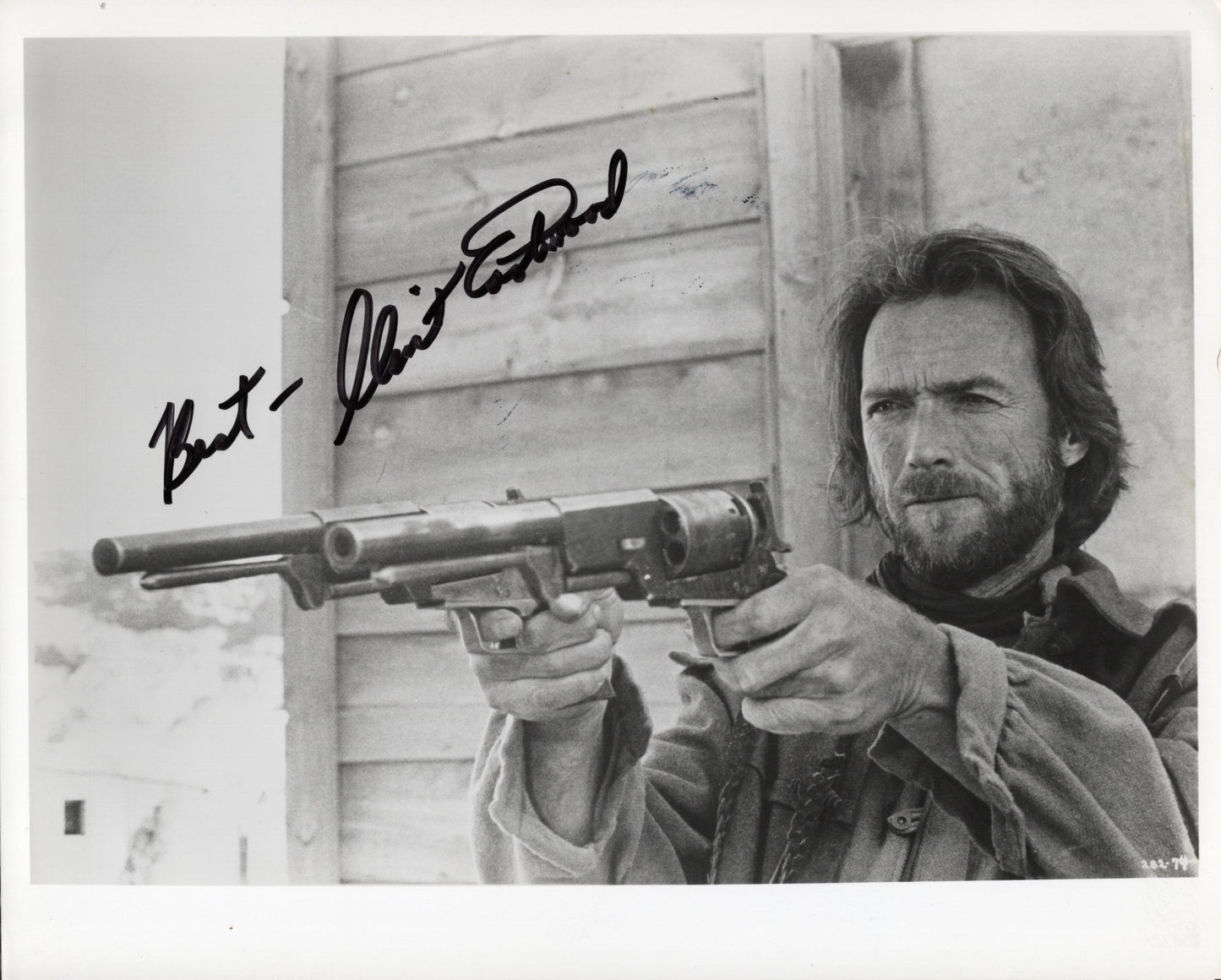 Clint Eastwood Pointing Two Pistols Signed Photo 8x10