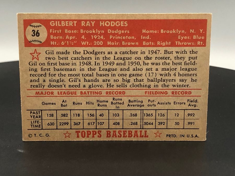 Copy of 1952 Topps #36 Gil Hodges Baseball Card DUPLICATE