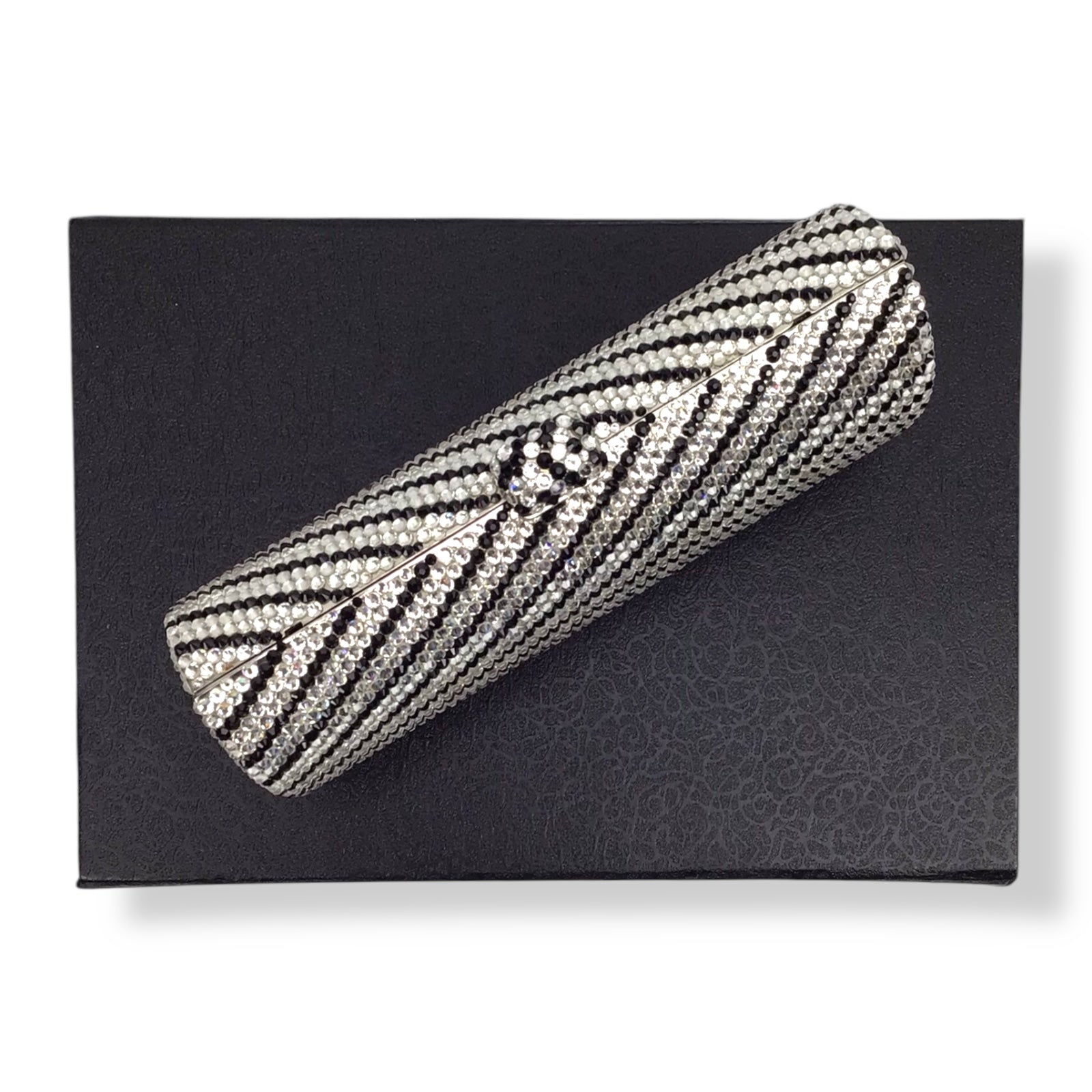 Crystal Covered Clutch in White Black Silver w/ Box & Strap