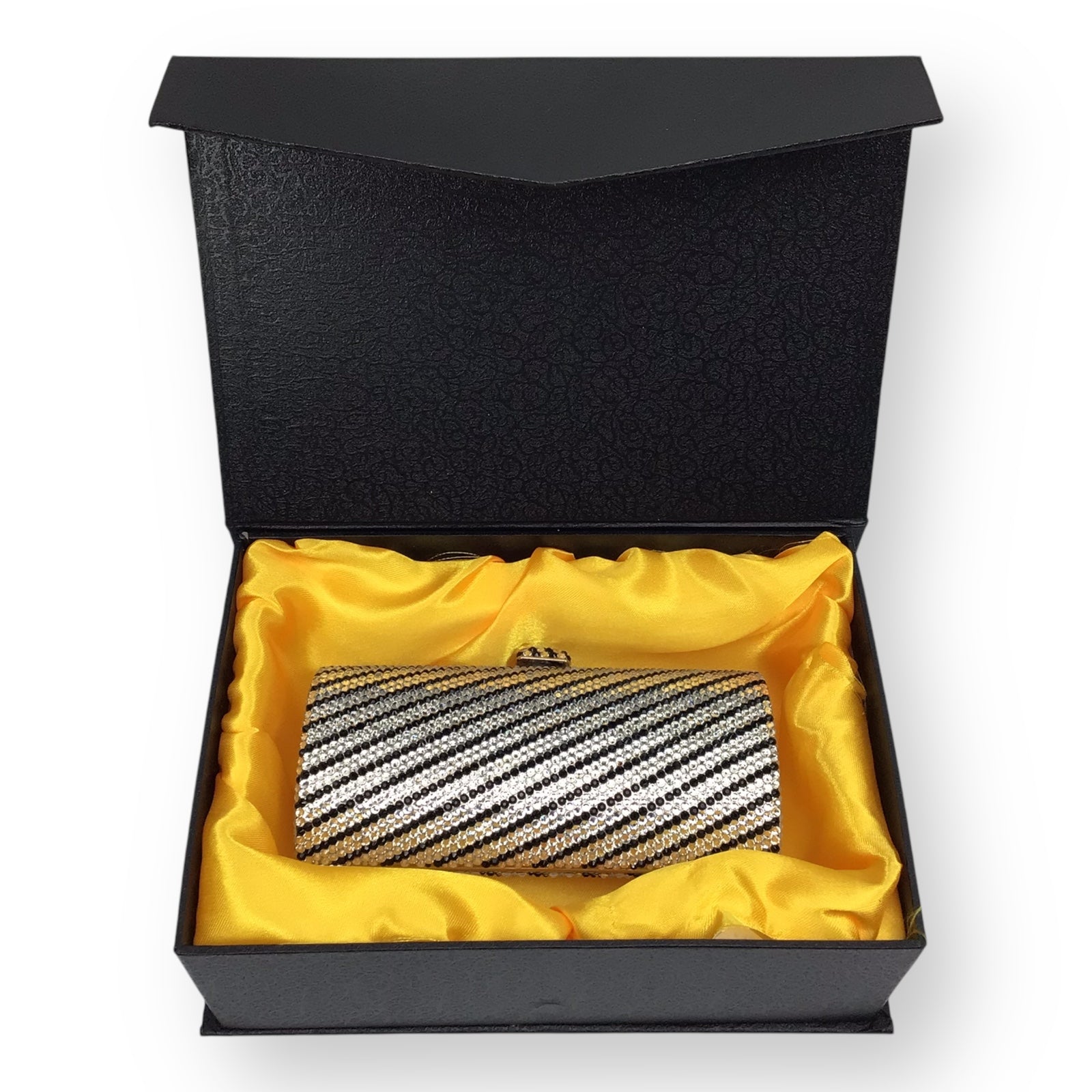 Crystal Covered Clutch in White Black Silver w/ Box & Strap