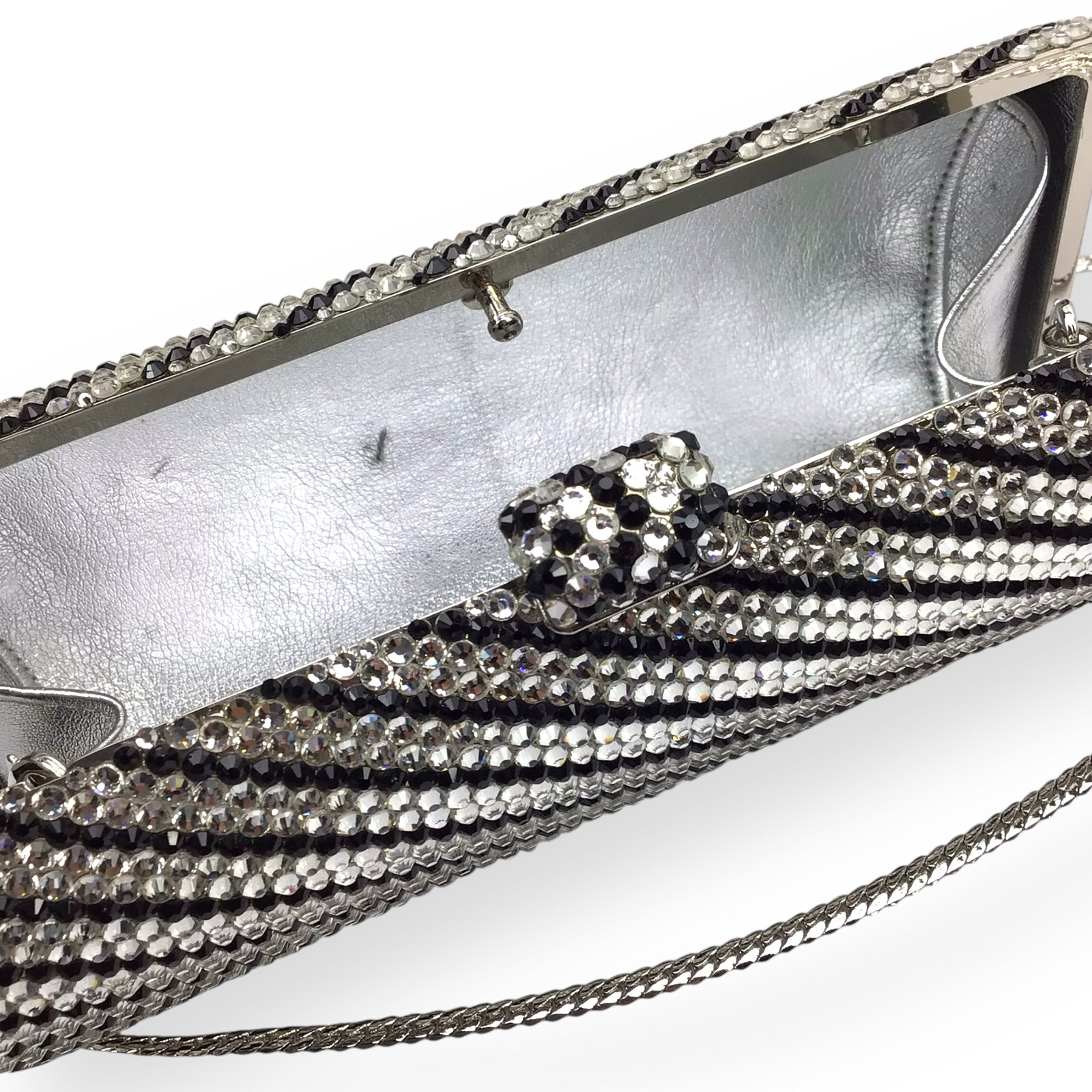 Crystal Covered Clutch in White Black Silver w/ Box & Strap