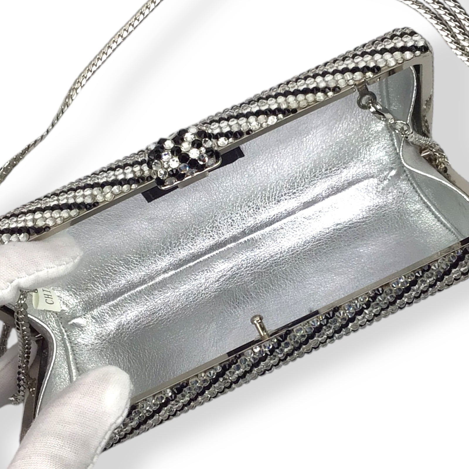 Crystal Covered Clutch in White Black Silver w/ Box & Strap