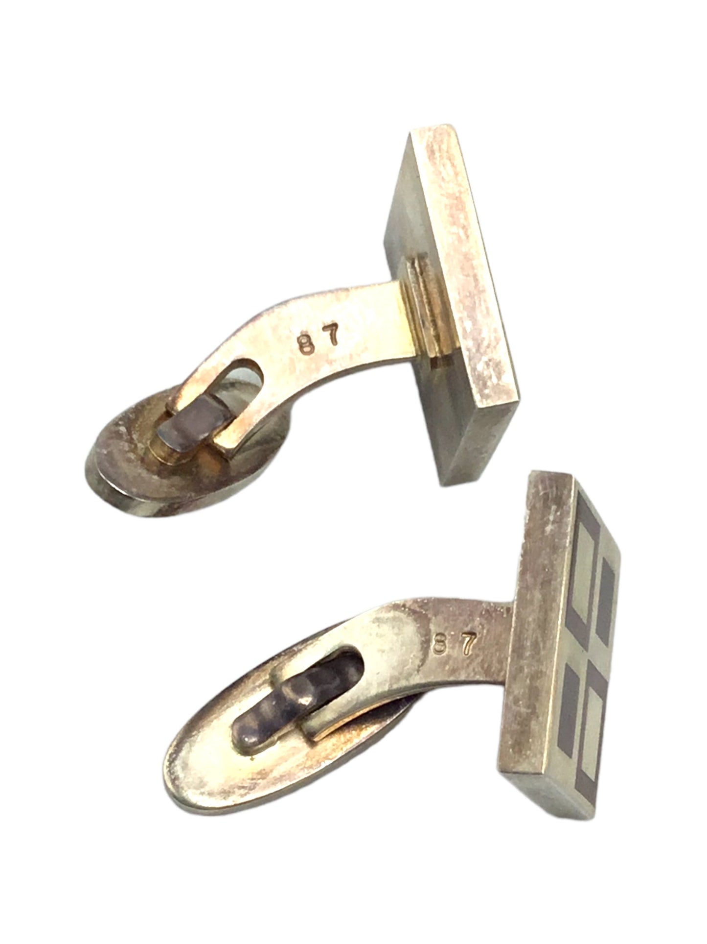Cufflinks Designer Magnus Stephensen Vintage Georg Jensen Denmark Sterling Silver and Inlaid Copper Enamel Domino Cufflinks Pair by Magnus Stephensen (1903-1984) Design #87