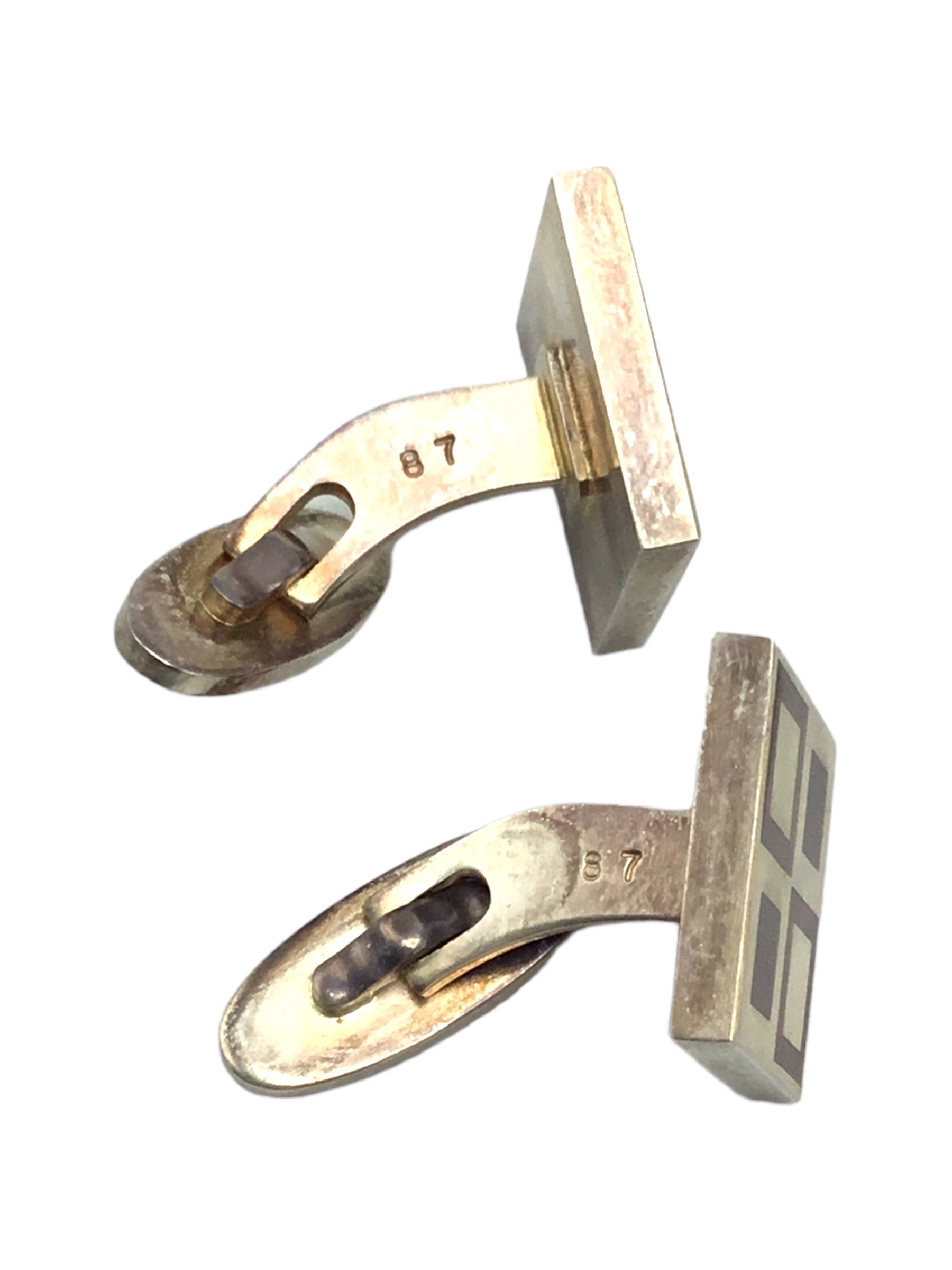 Cufflinks Designer Magnus Stephensen Vintage Georg Jensen Denmark Sterling Silver and Inlaid Copper Enamel Domino Cufflinks Pair by Magnus Stephensen (1903-1984) Design #87