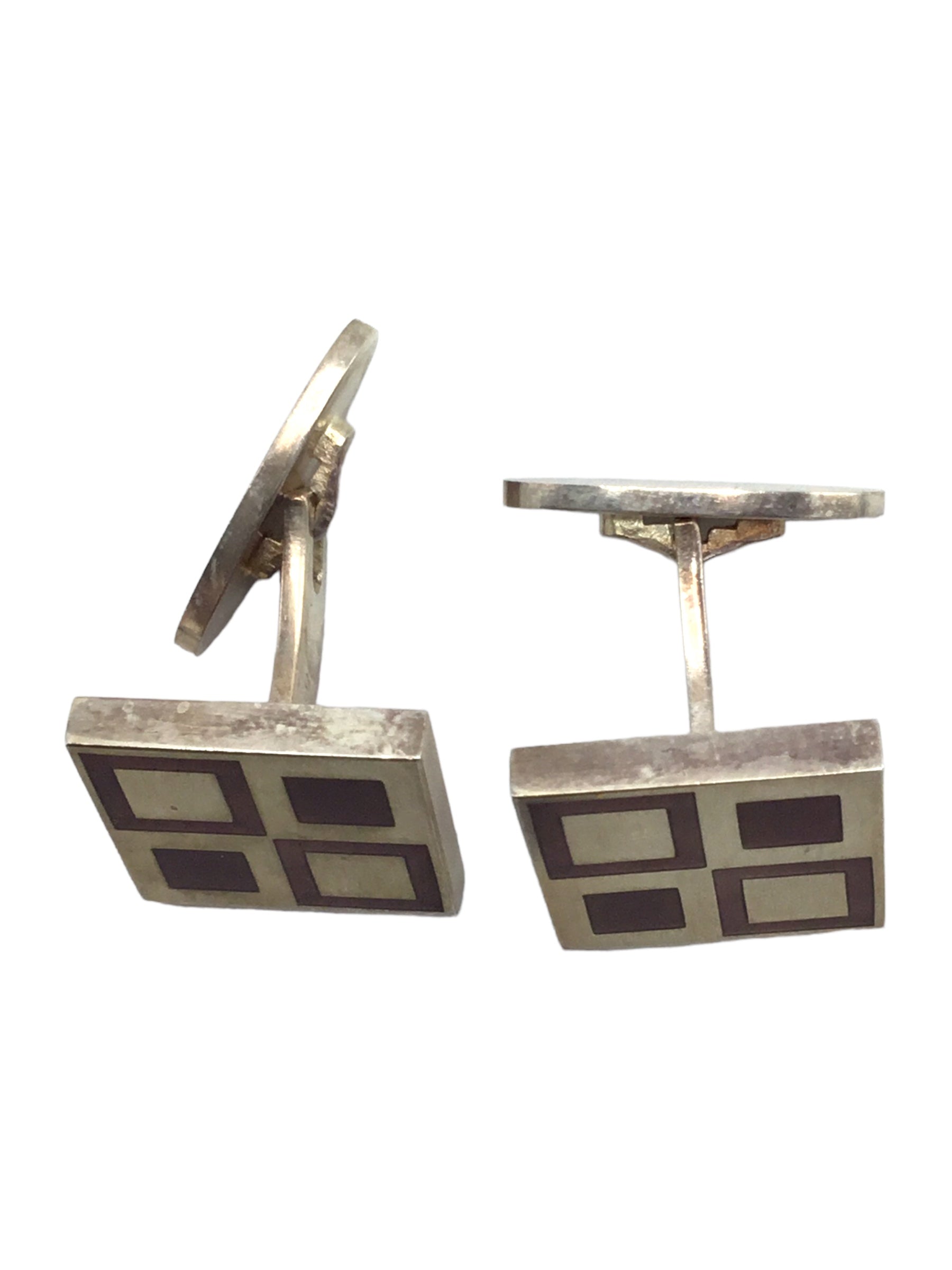 Cufflinks Designer Magnus Stephensen Vintage Georg Jensen Denmark Sterling Silver and Inlaid Copper Enamel Domino Cufflinks Pair by Magnus Stephensen (1903-1984) Design #87