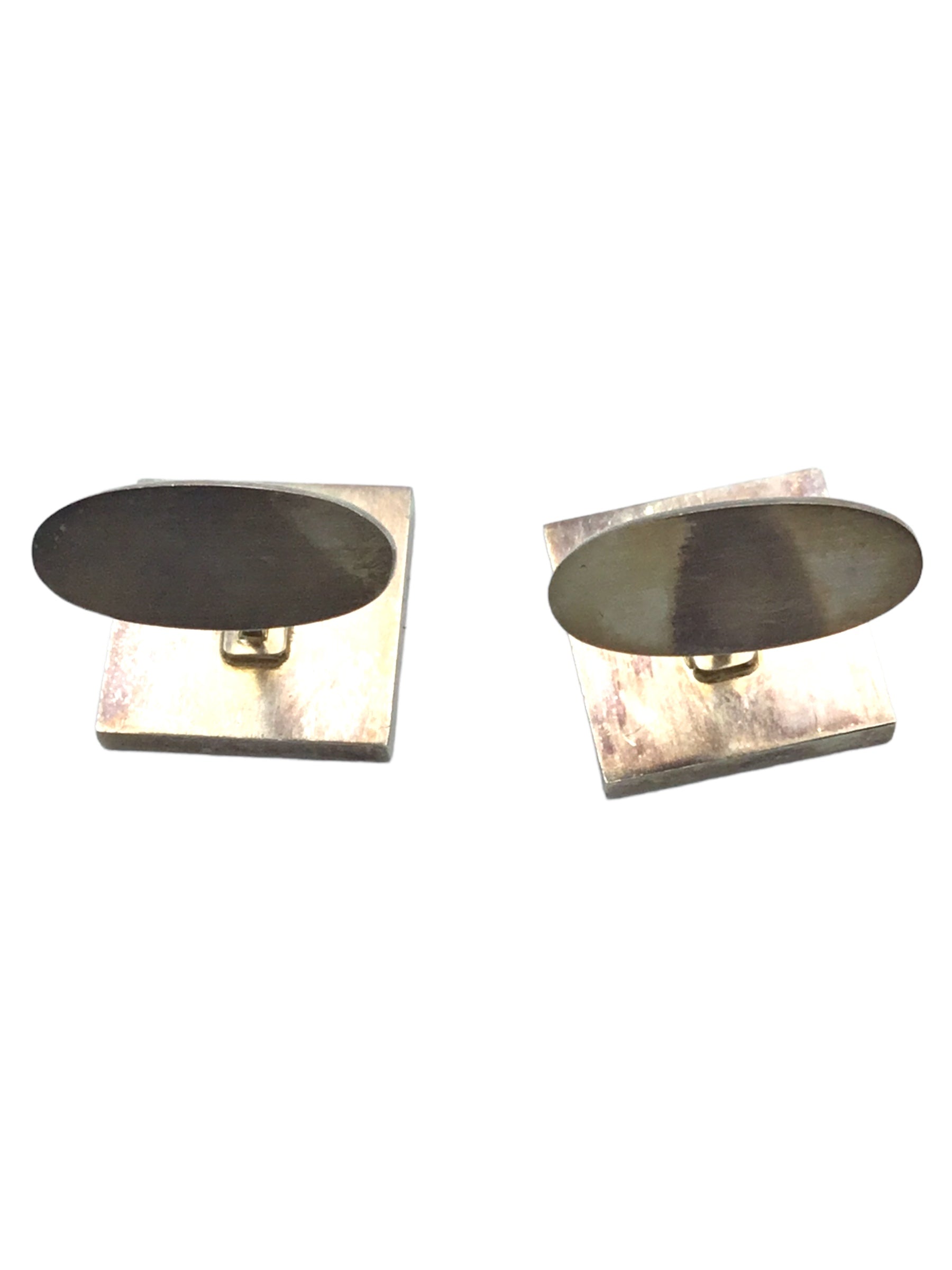 Cufflinks Designer Magnus Stephensen Vintage Georg Jensen Denmark Sterling Silver and Inlaid Copper Enamel Domino Cufflinks Pair by Magnus Stephensen (1903-1984) Design #87