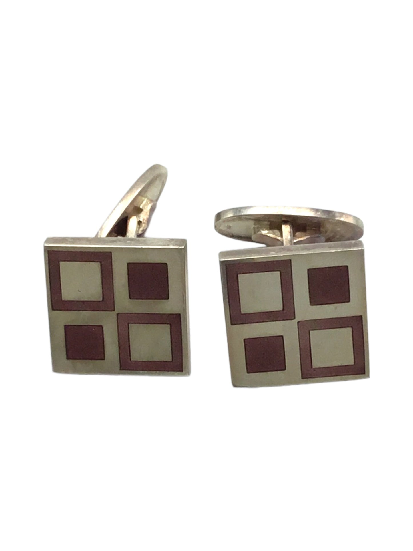 Cufflinks Designer Magnus Stephensen Vintage Georg Jensen Denmark Sterling Silver and Inlaid Copper Enamel Domino Cufflinks Pair by Magnus Stephensen (1903-1984) Design #87
