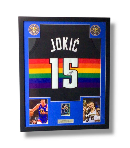 Custom Framed Nikola Jokic Signed Jersey w/ JSA Cert & Donruss Optic Insert Card