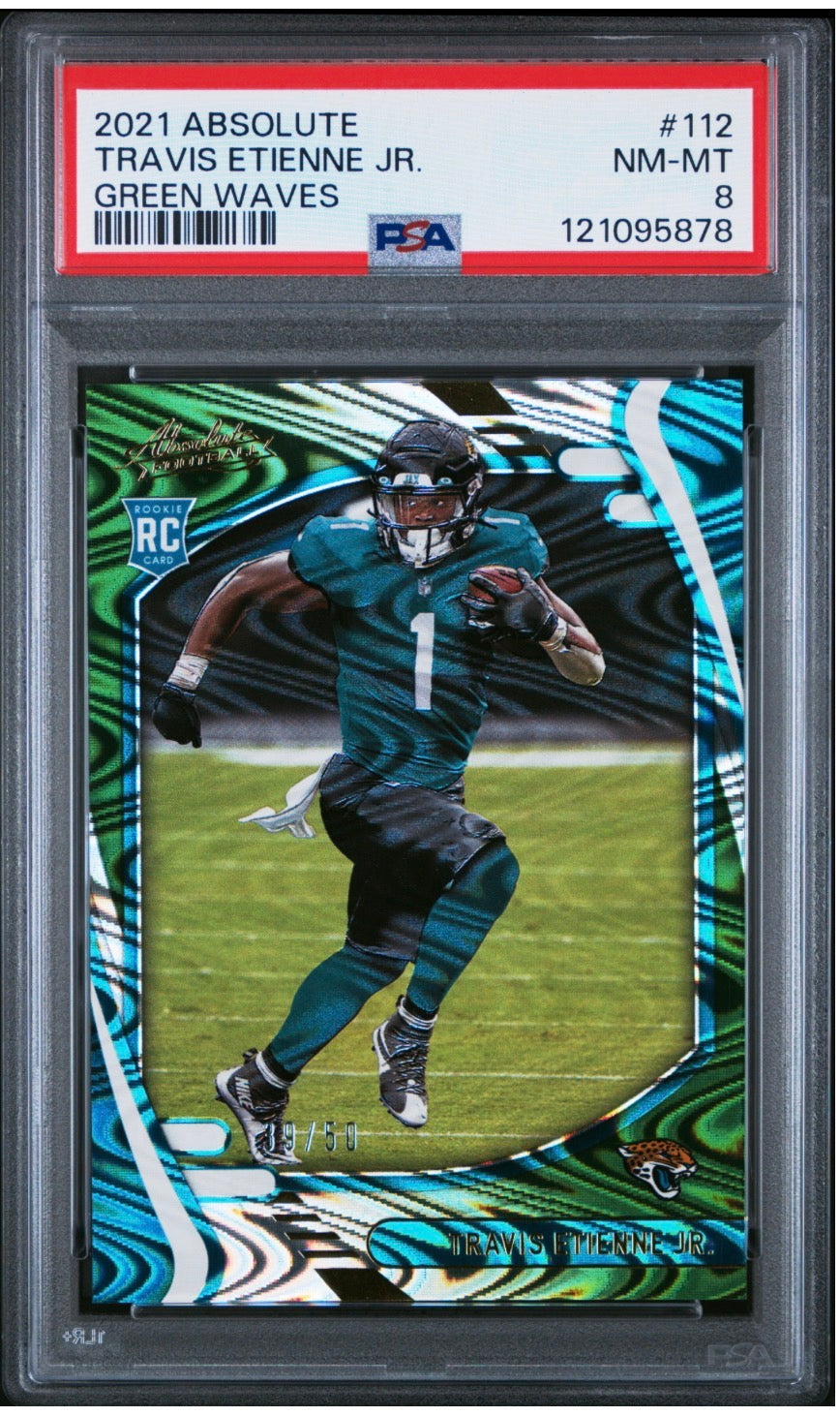 2021 Absolute Green Waves /50 Travis Etienne RC Jr PSA 8 Pop 1! - 121095878