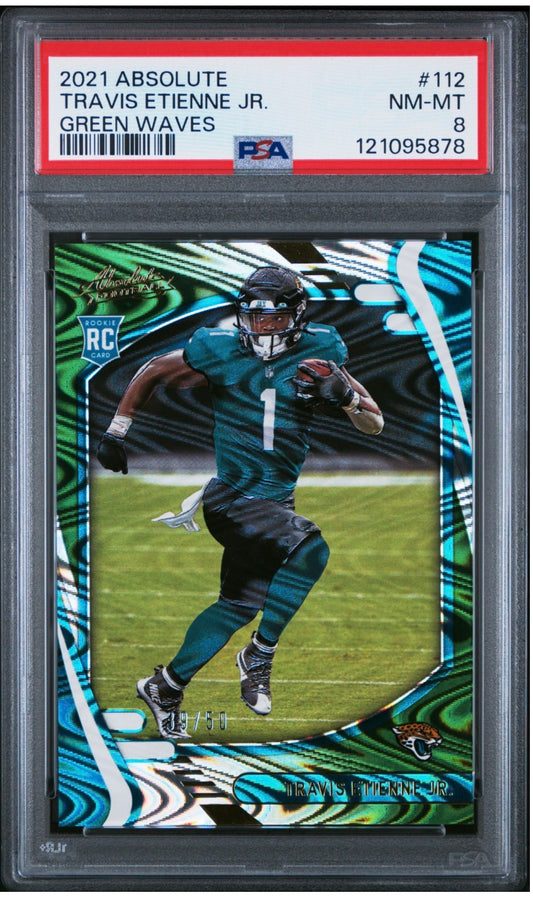 2021 Absolute Green Waves /50 Travis Etienne RC Jr PSA 8 Pop 1! - 121095878