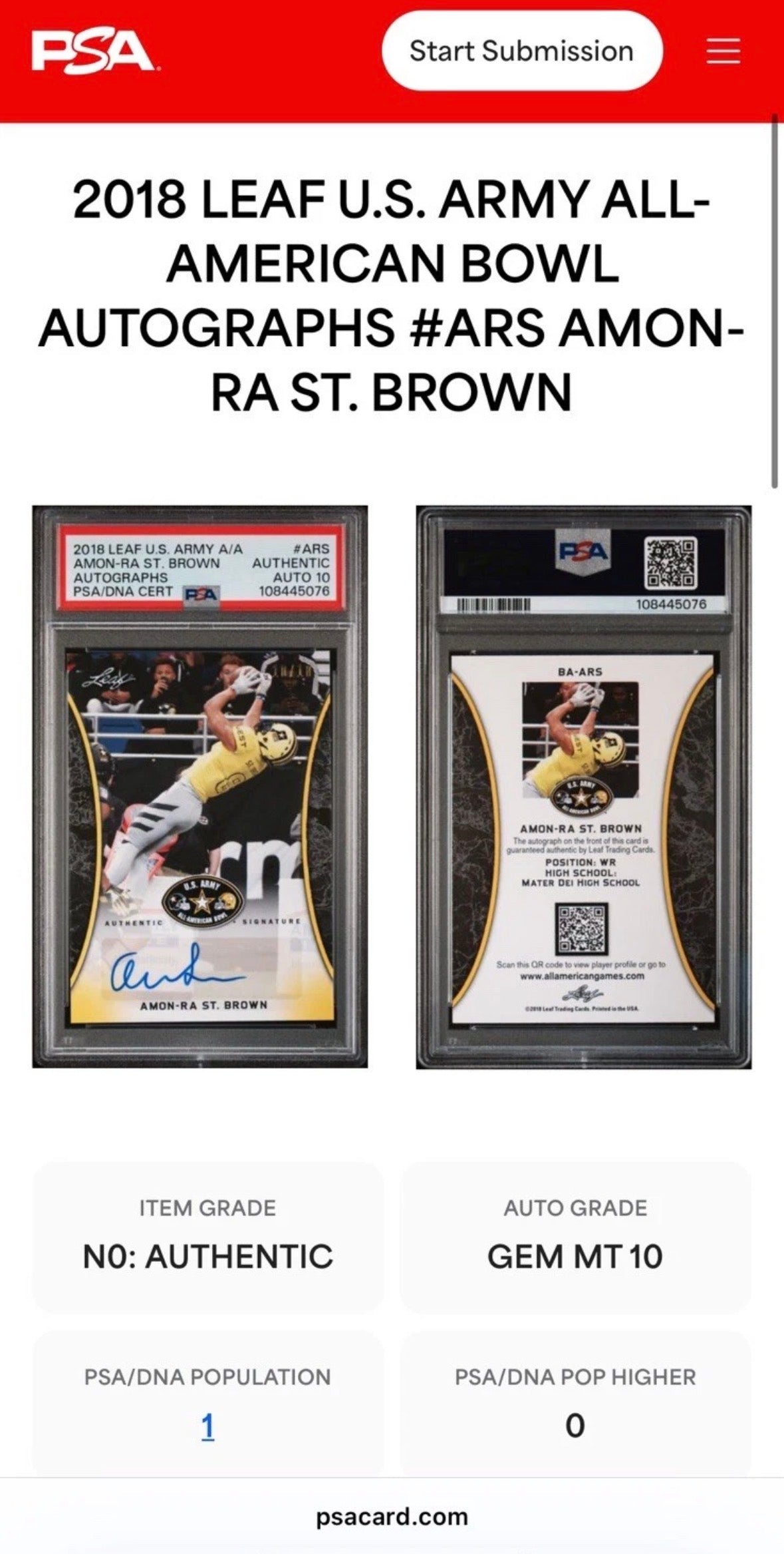 2018 Leaf US Army A/A Amon-Ra St. Brown RC 10/10 Bookend PSA Auth Auto 10 - 108445076