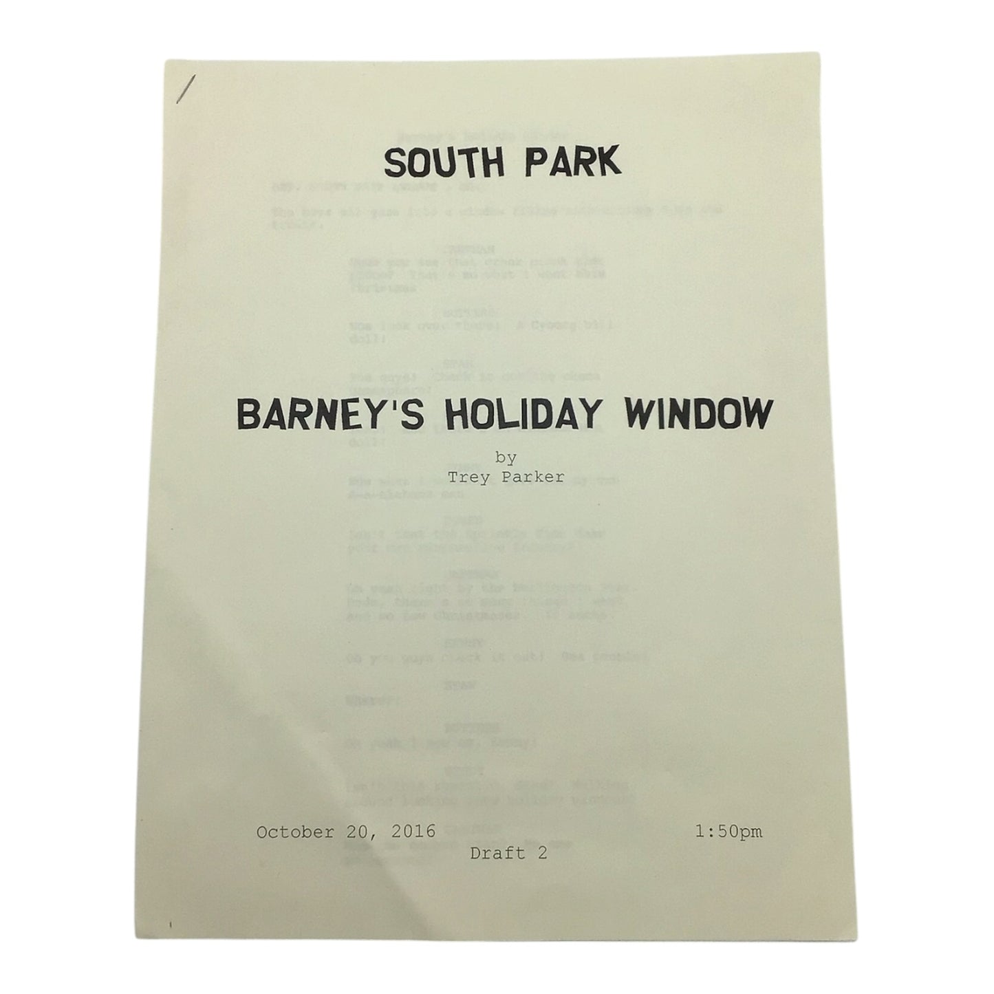 South Park Barney's Holiday Window by Trey Parker Script Draft 2