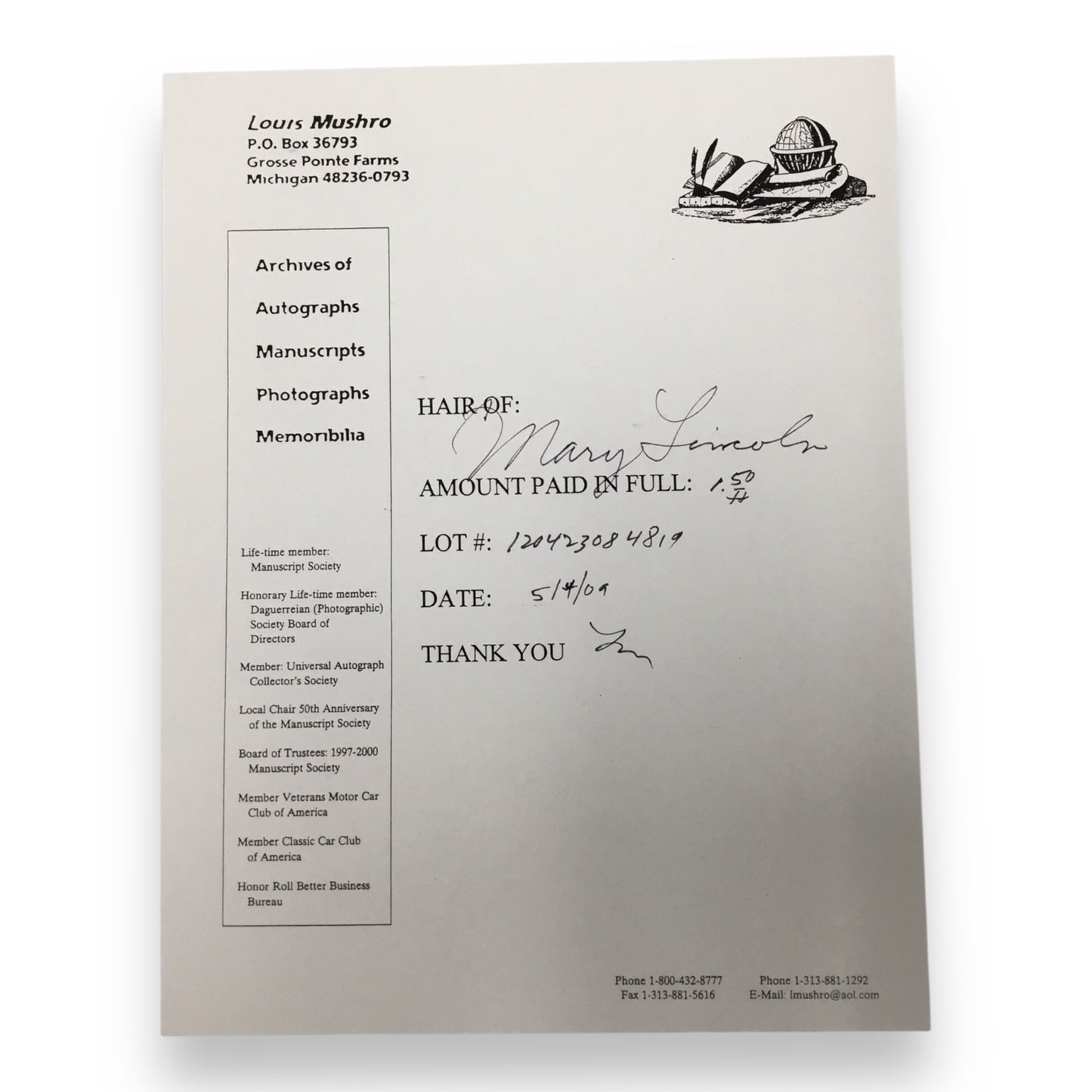 Mary Todd Lincoln Hair Clipping with COA