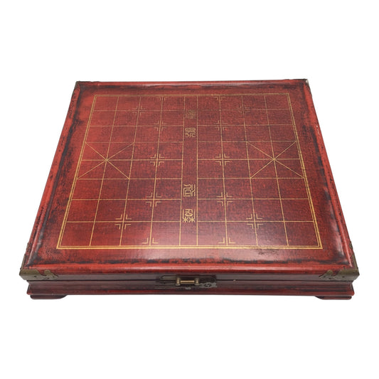 Vintage Chinese Chess Set with Hand-Carved Pieces & Sealed Playing Cards in Wooden Storage Box