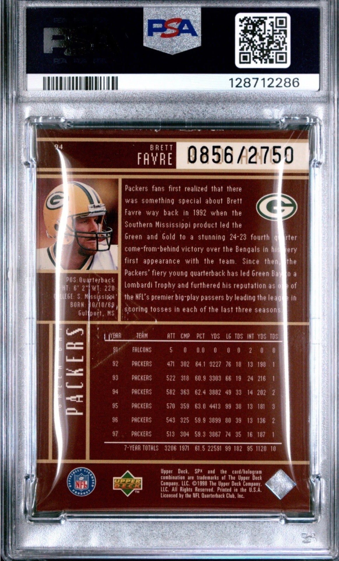 1998 SPx Finite Radiance Brett Favre /2750 Green Bay Packers PSA 8 Pop 3 - 128712286