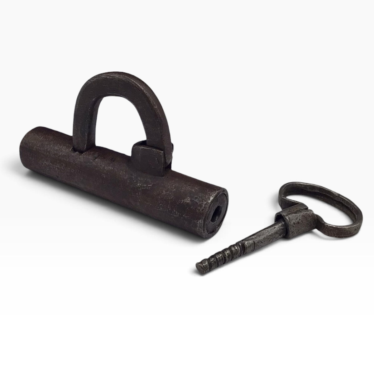 Antique Hand-Forged Cylindrical Barrel Padlock with Screw Key