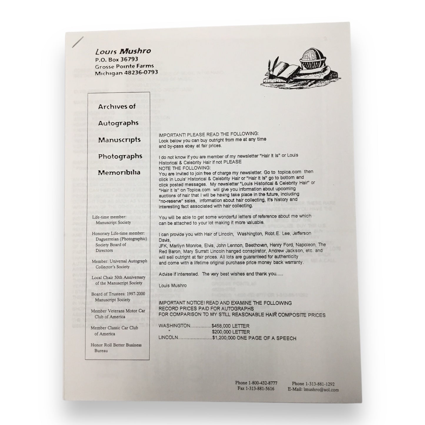 Mary Todd Lincoln Hair Clipping with COA