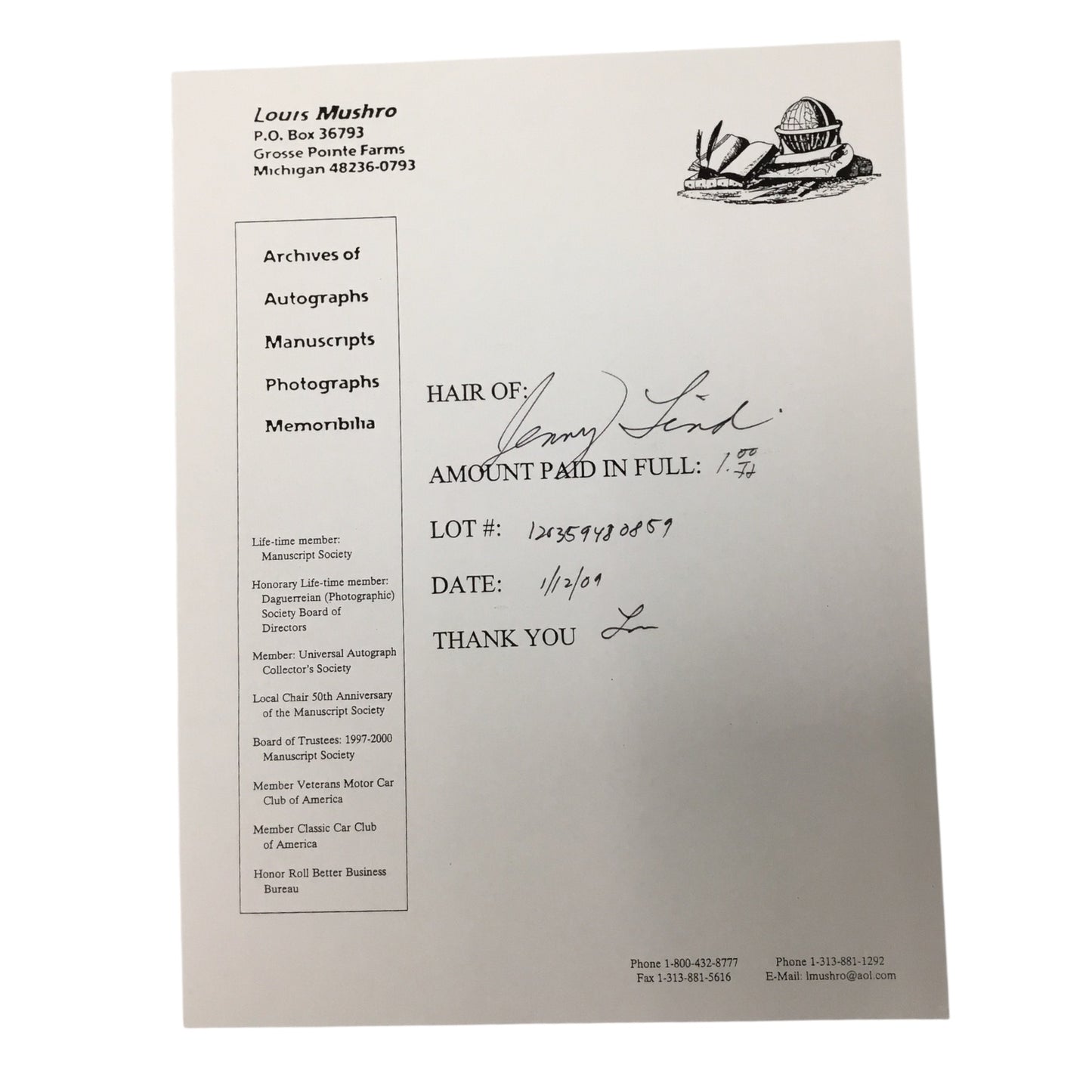 Jenny Lind, the Swedish Nightengale, Hair Clipping with COA