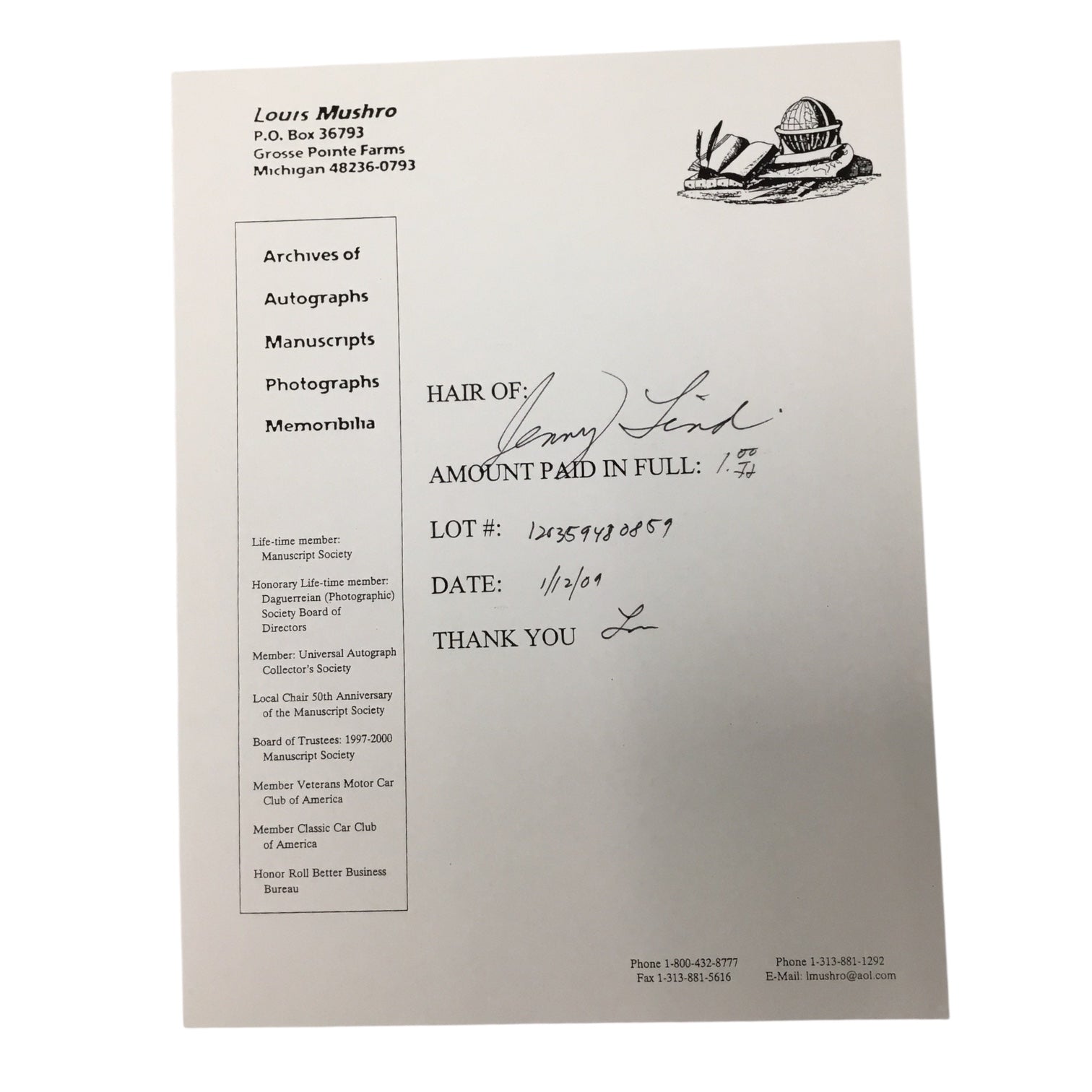 Jenny Lind, the Swedish Nightengale, Hair Clipping with COA