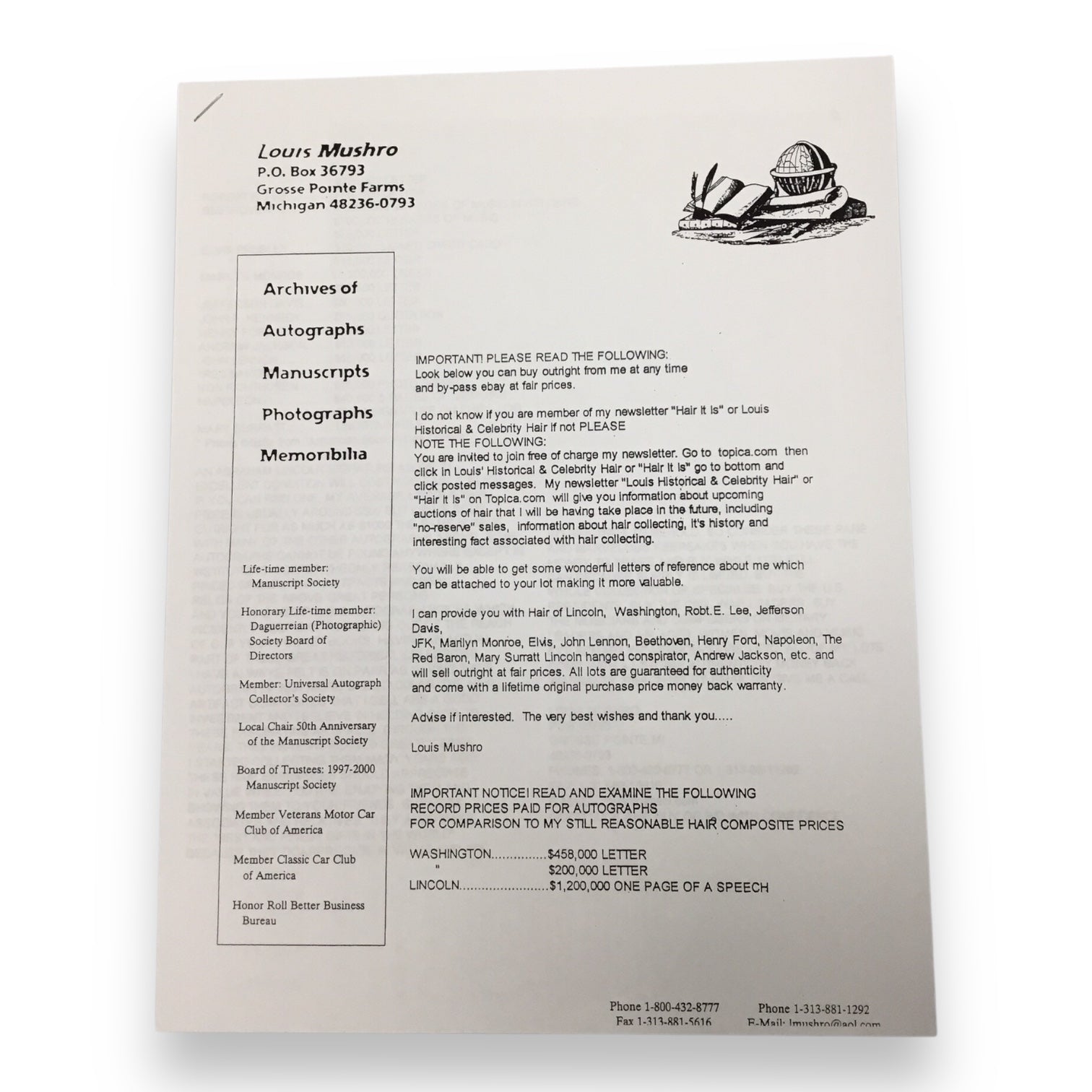 Jenny Lind, the Swedish Nightengale, Hair Clipping with COA