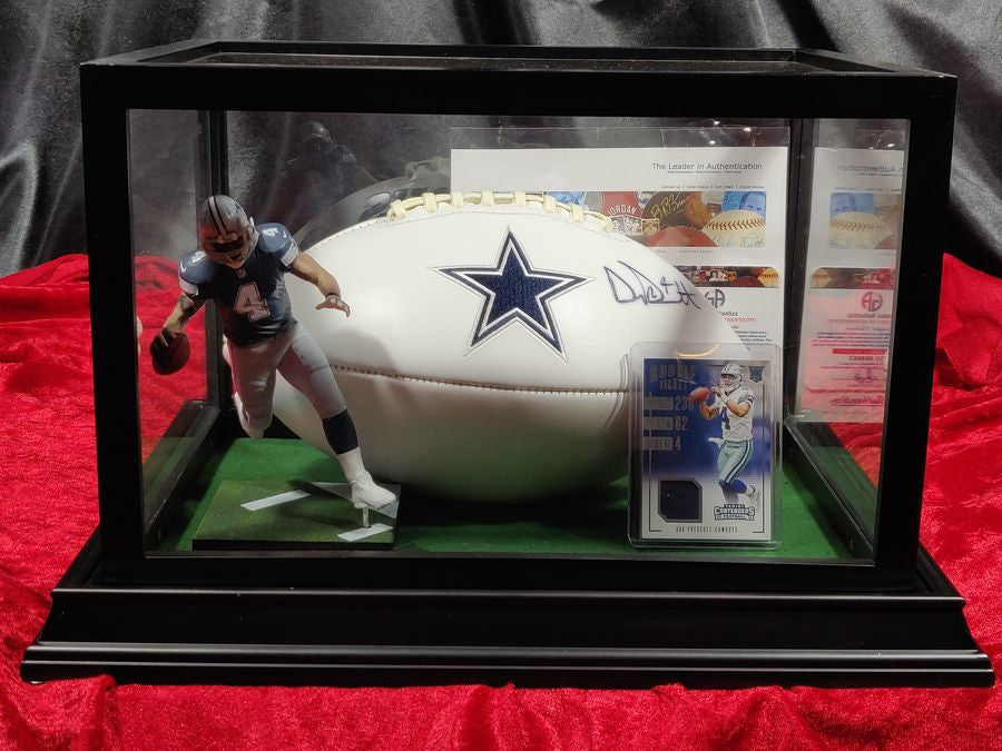 Dak Prescott Cowboys Autographed Football Shadowbox with Jersey Card & Figure