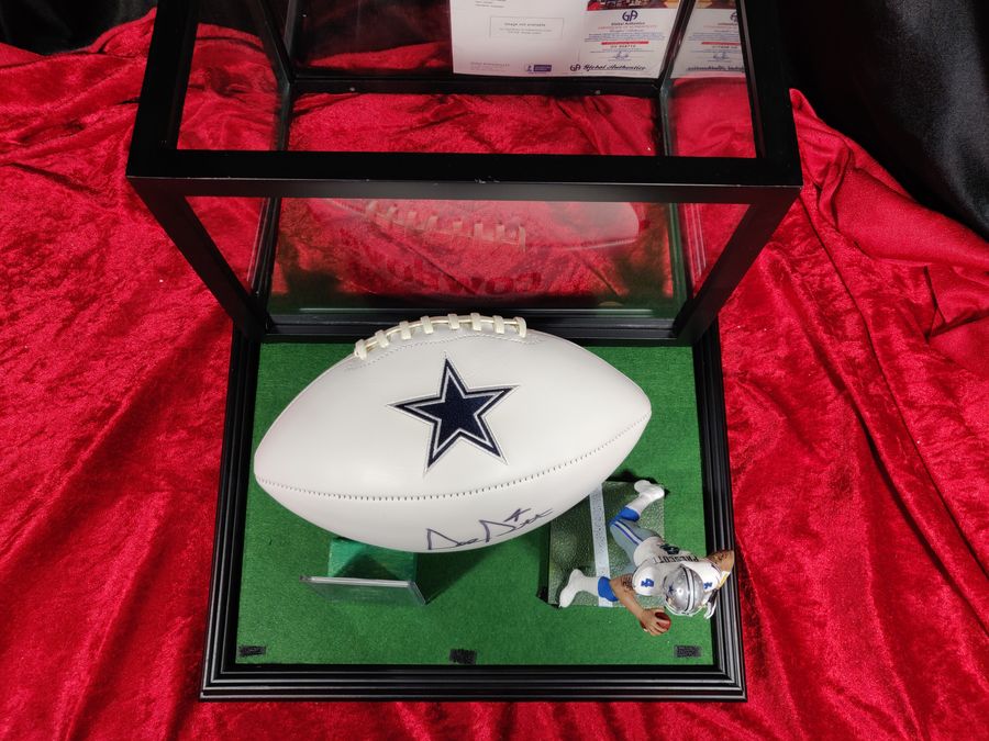 Dak Prescott Dallas Cowboys Autographed Football Shadowbox with Card and Figure