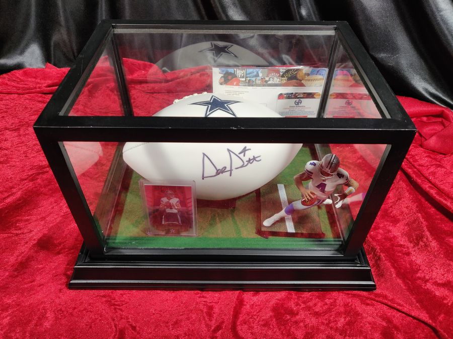 Dak Prescott Dallas Cowboys Autographed Football Shadowbox with Card and Figure