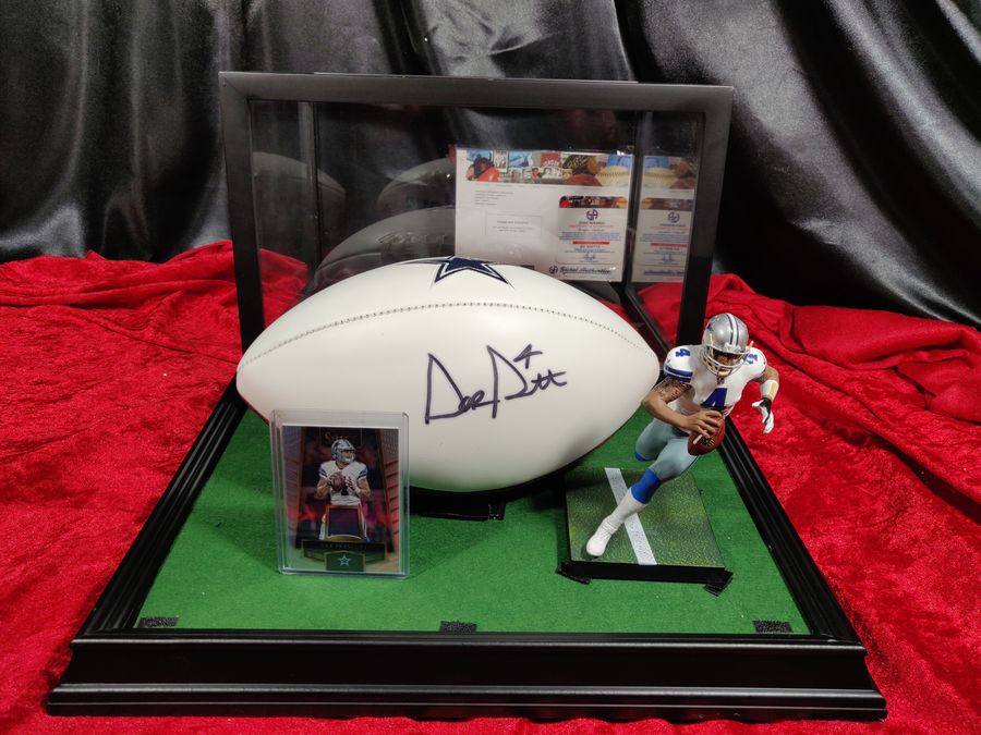Dak Prescott Dallas Cowboys Autographed Football Shadowbox with Card and Figure