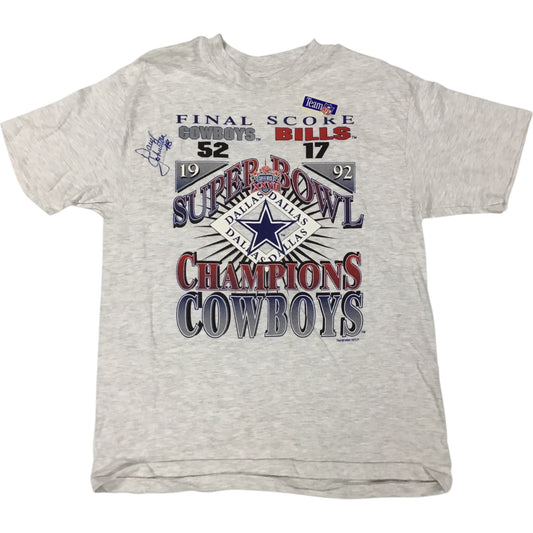 Dallas Cowboys Super Bowl Tee Shirt – Final Score 52–17 vs Bills (Signed by Daryl Johnston #48, COA, Size Large, Excellent Condition)