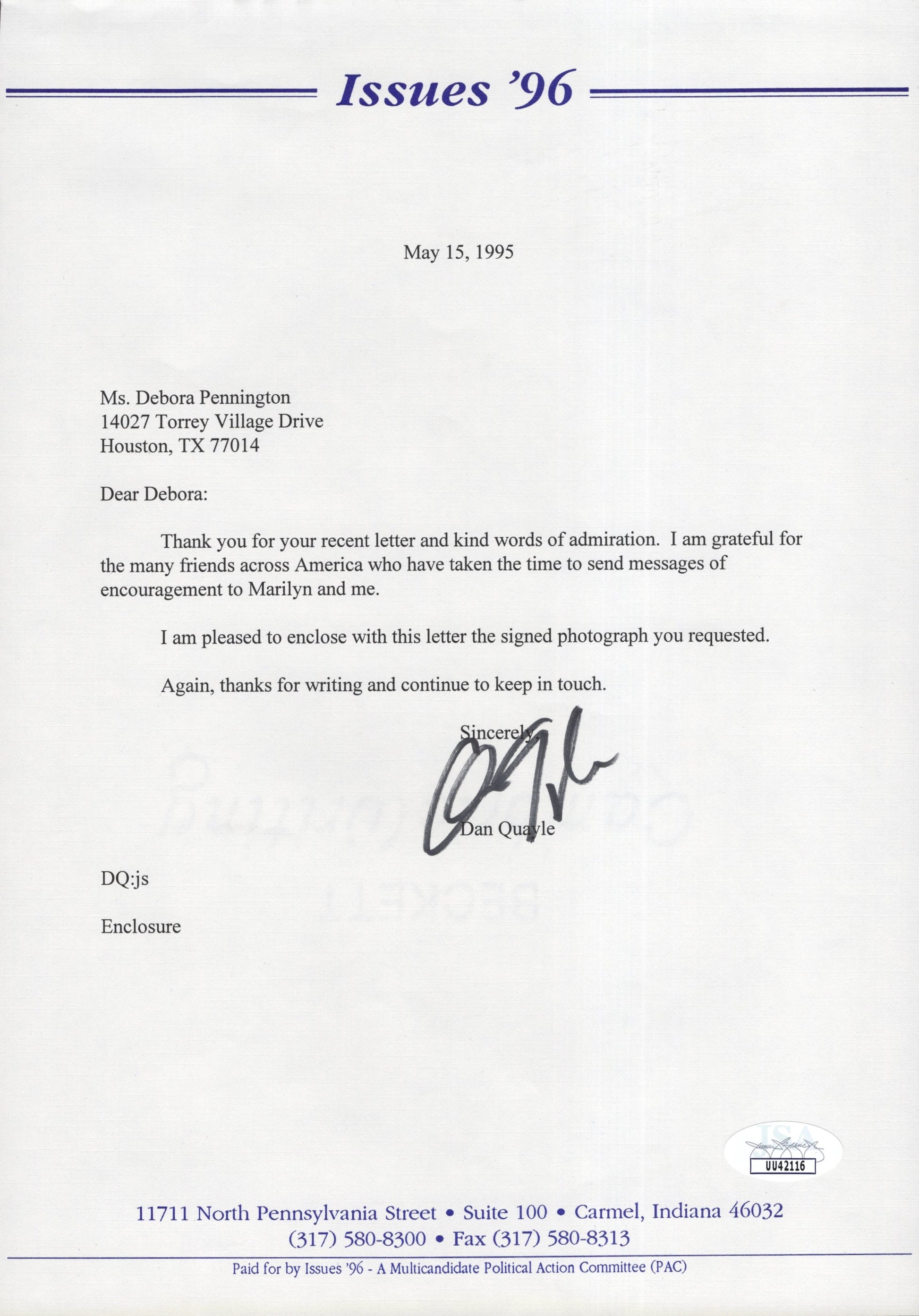 Dan Quayle Signed Personal Letter May 15, 1995, Dan Quayle Autograph on 8x10 Typed Letter, JSA Certified Authentic UU42116