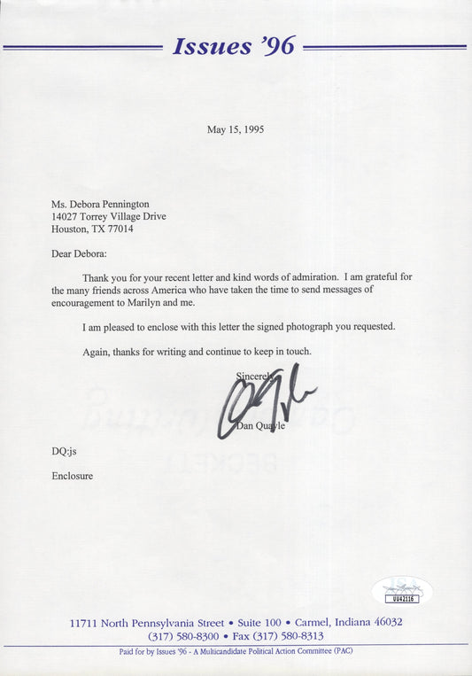 Dan Quayle Signed Personal Letter May 15, 1995, Dan Quayle Autograph on 8x10 Typed Letter, JSA Certified Authentic UU42116