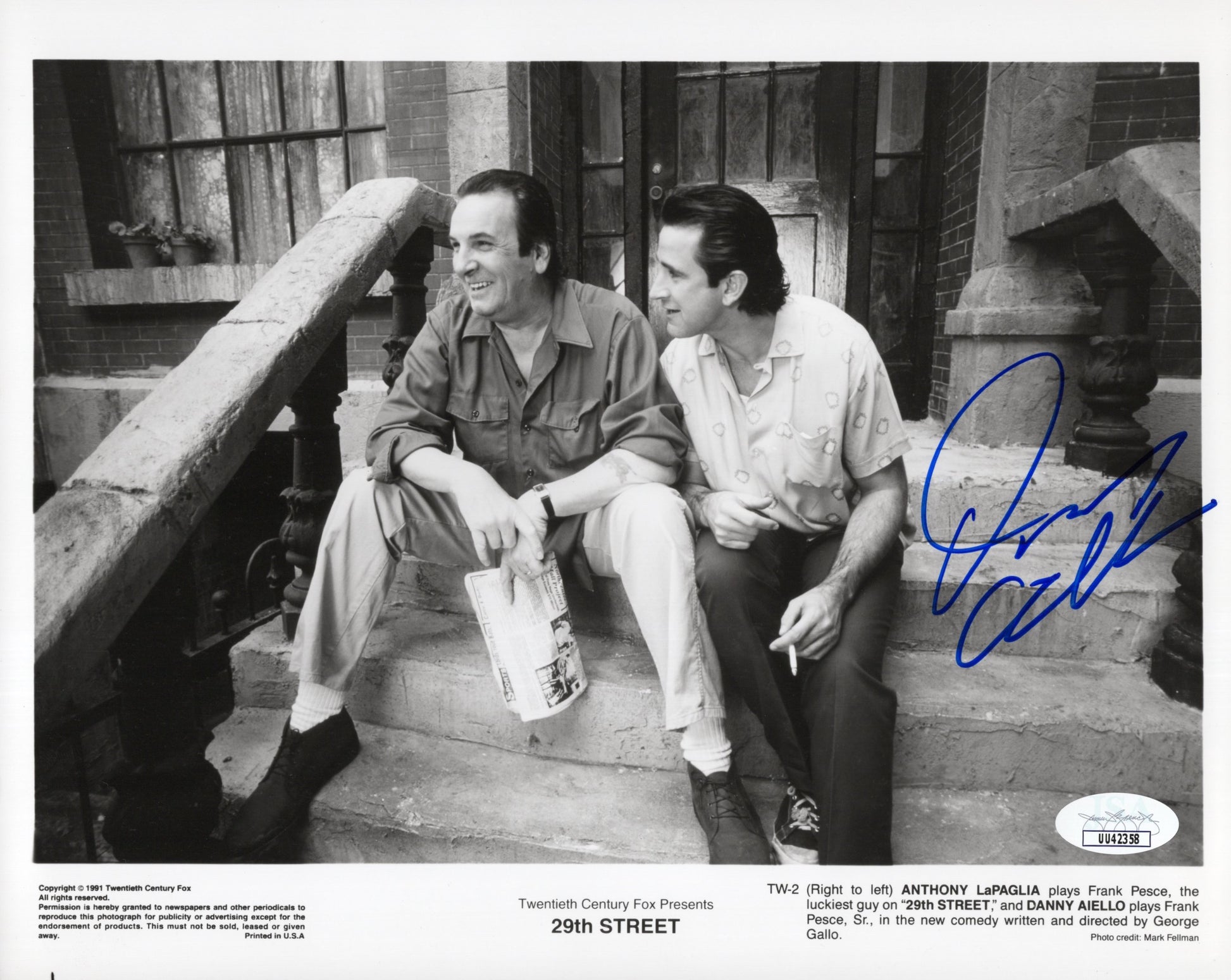 Danny Aiello Signed Photo 8x10, Danny Aiello Autograph as Frank Pesce Sr. in 29th Street Movie Promo with Anthony LaPaglia, JSA and PSA Letter Double Certified Authentic UU42358