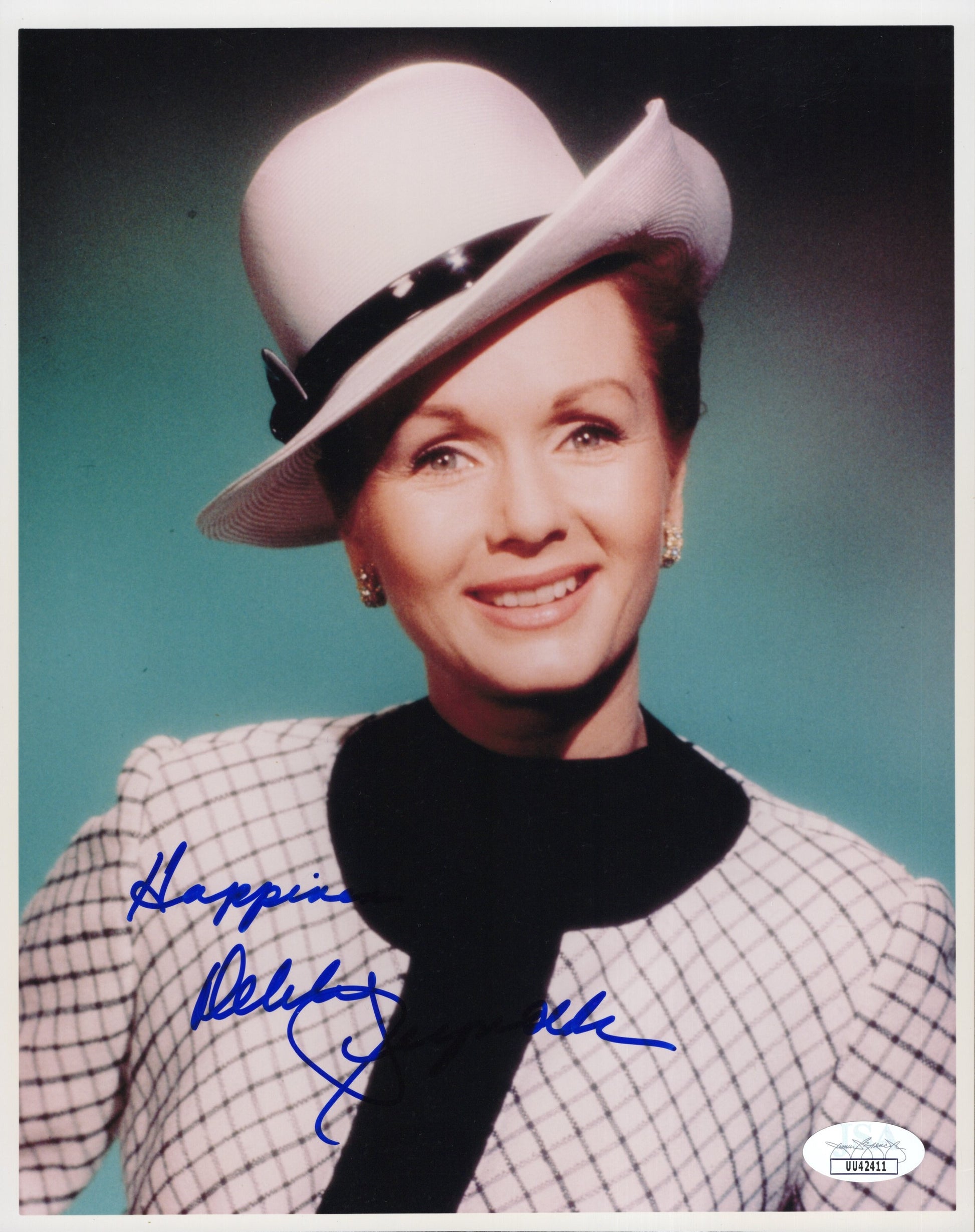 Debbie Reynolds Signed Photo 8x10 Personalized "Happiness", Debbie Reynolds Autograph in Black and White Outfit with Hat, JSA and PSA Letter Double Certified Authentic UU42411