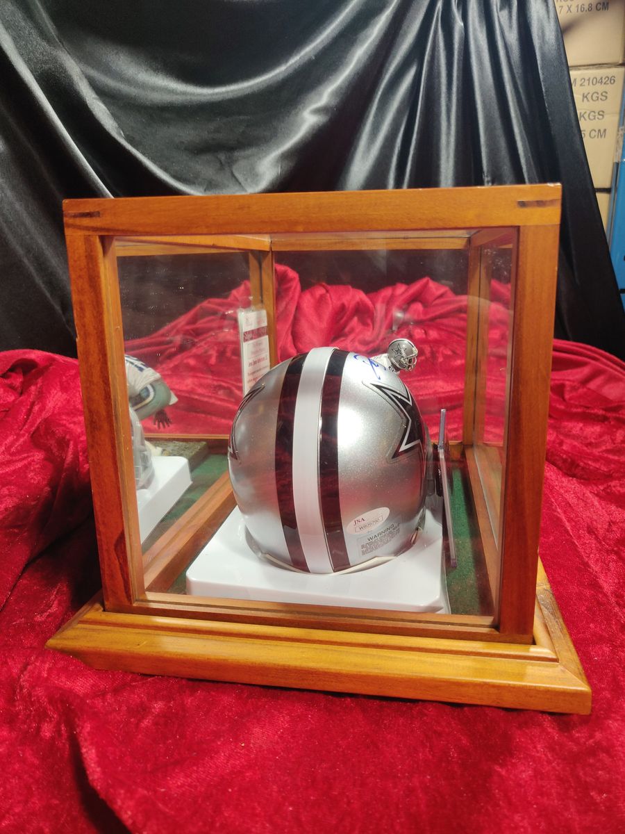 Deion Sanders Cowboys Autographed Mini Helmet Shadowbox w/ Jersey Card + Figure