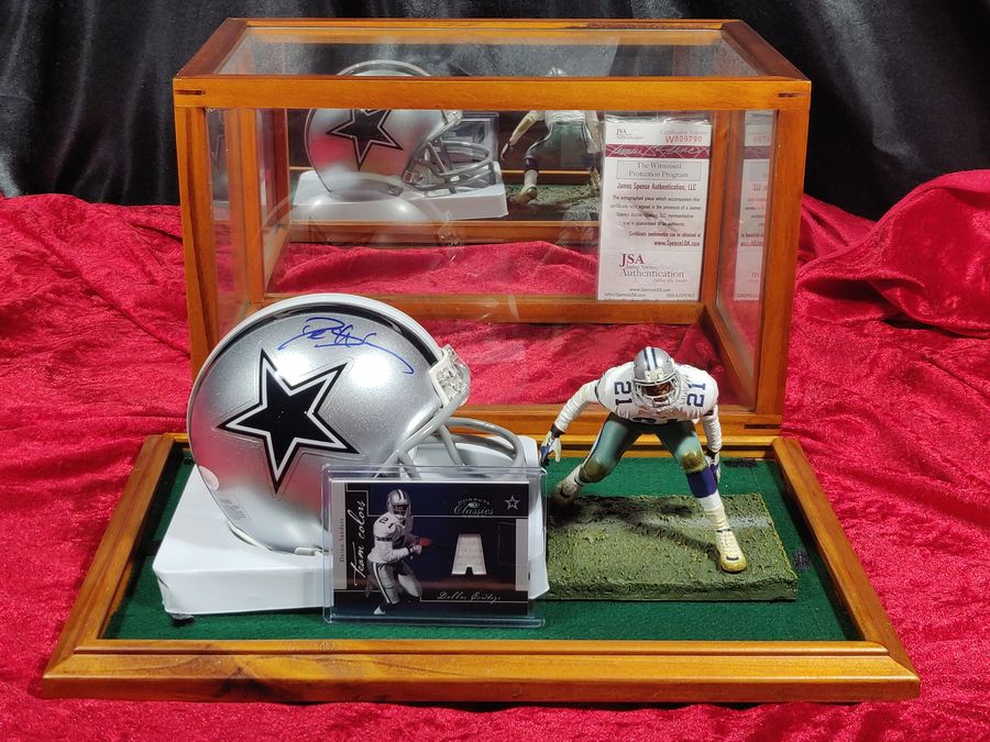 Deion Sanders Cowboys Autographed Mini Helmet Shadowbox w/ Jersey Card + Figure